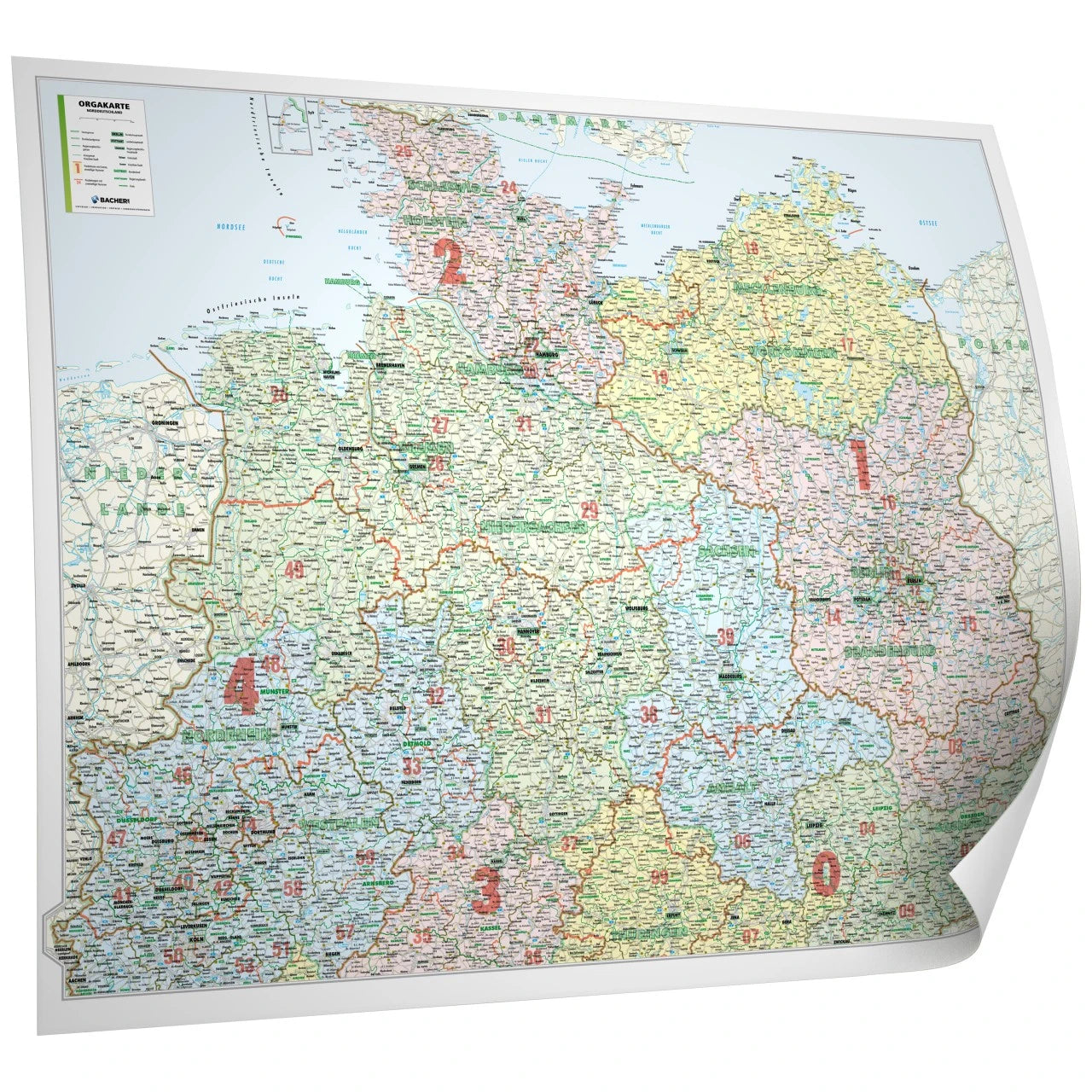 ORGA-Karte Norddeutschland Bundesländer und PLZ2 - 131x98 cm