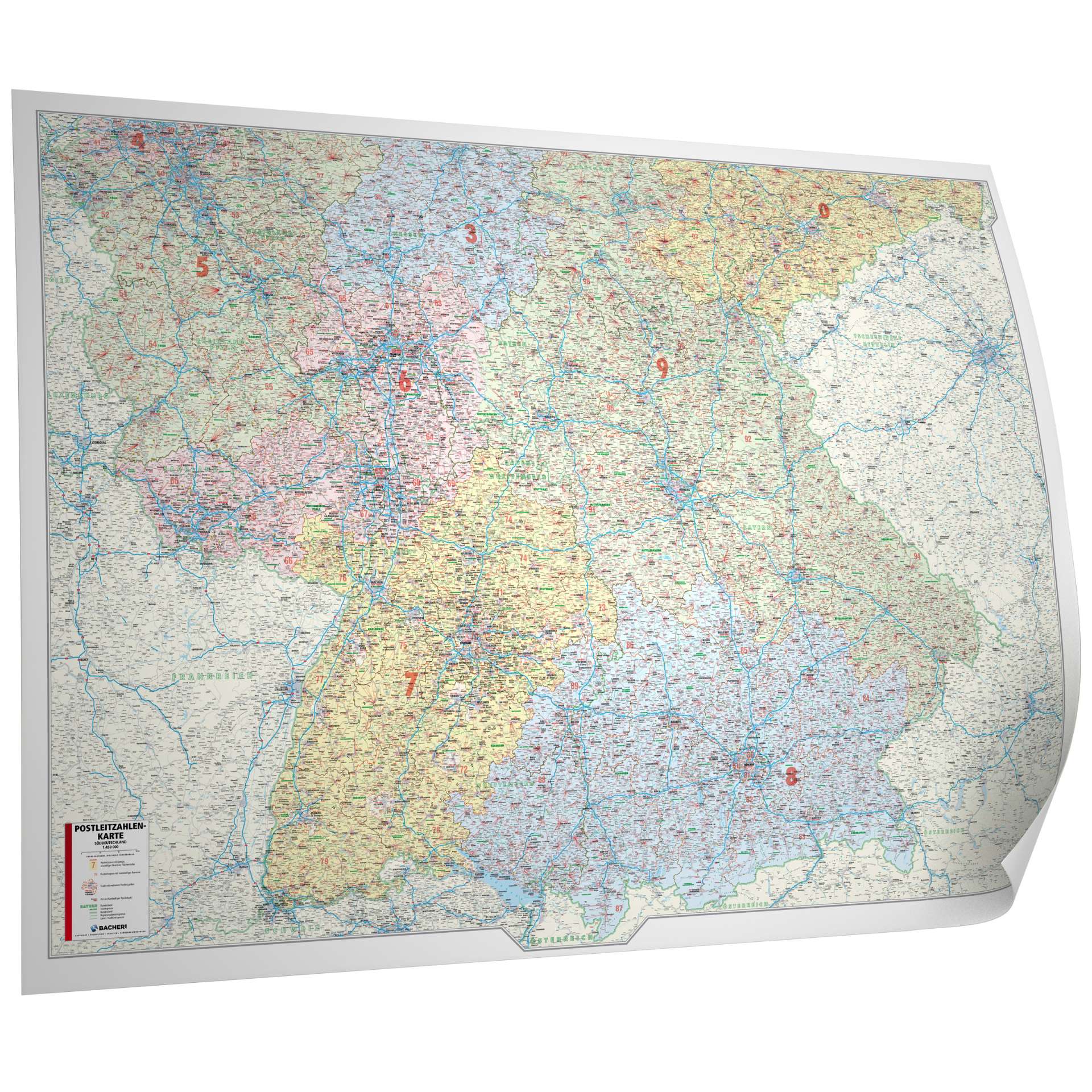 Süddeutschland Postleitzahlenkarte 150x105cm