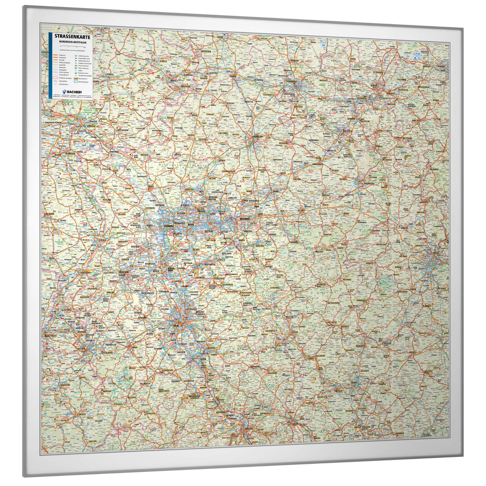 Die Nordrhein-Westfalen Straßenkarte PLZ 5-stellig (163x150 cm) gerahmt