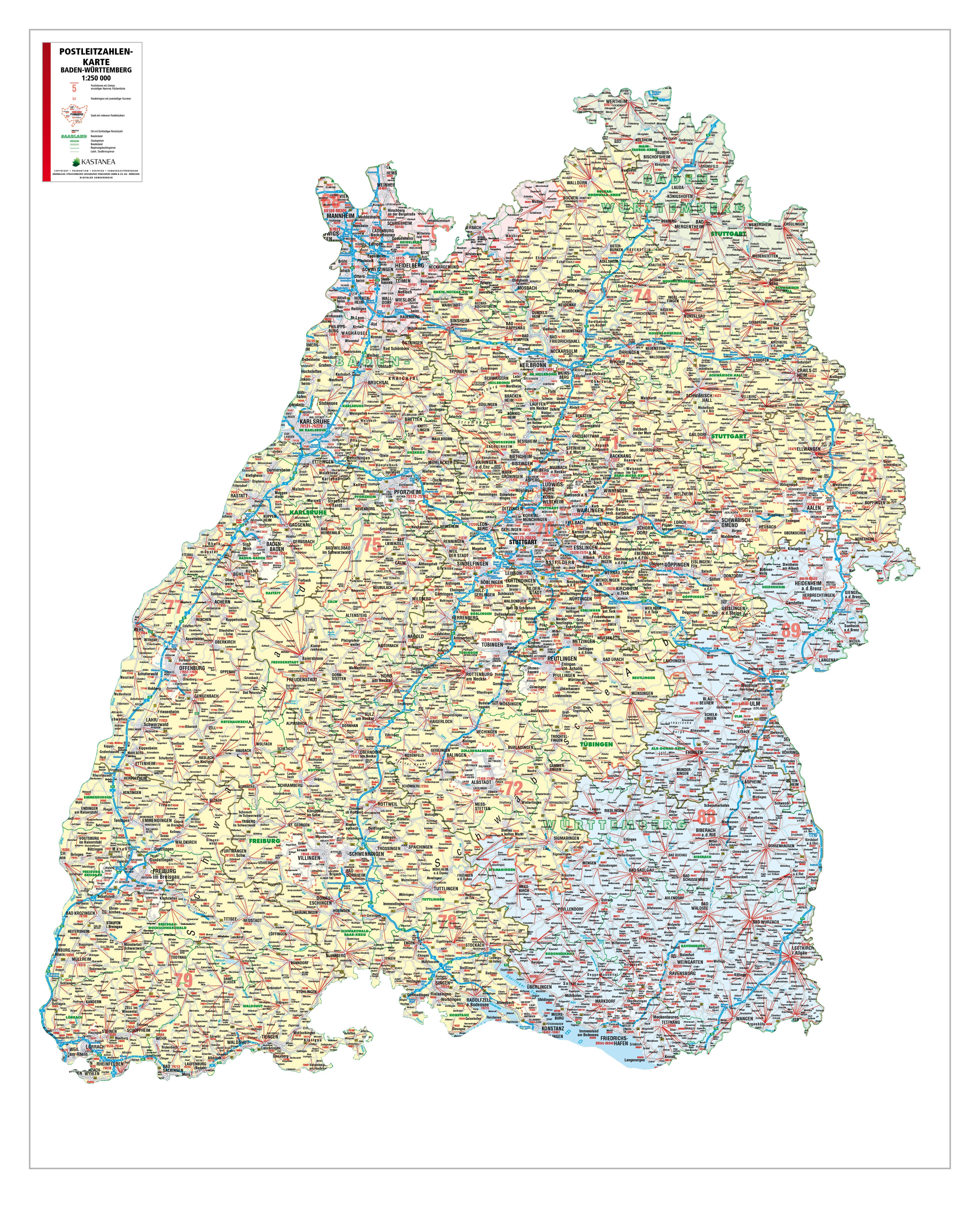 Baden-Württemberg - Postleitzahlenkarte als Inseldarstellung (99 x 122 cm / 1:250.000)