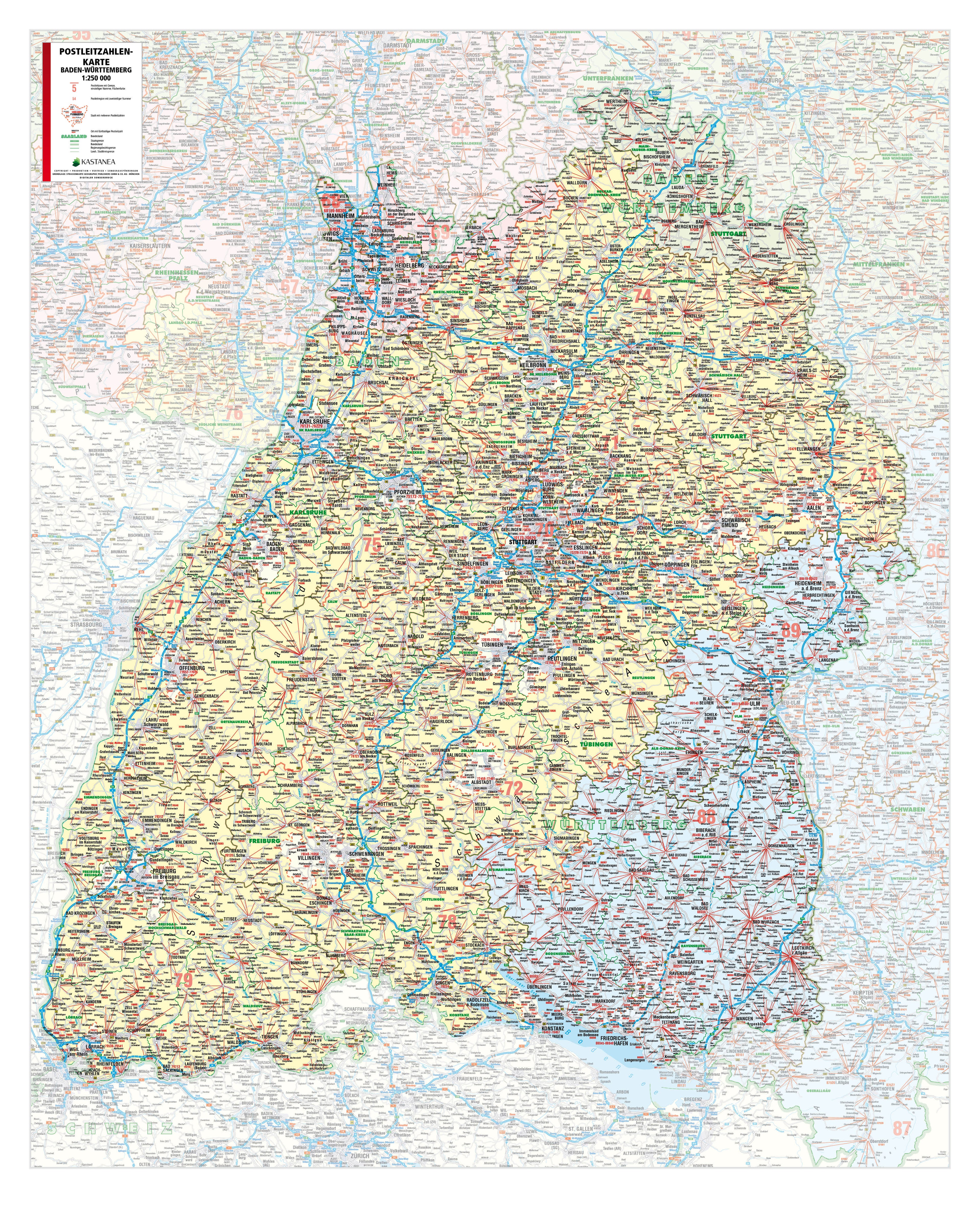 Baden-Württemberg - Postleitzahlenkarte als Inseldarstellung (99 x 122 cm / 1:250.000)