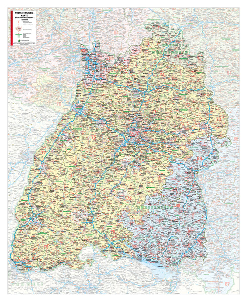 Baden-Württemberg - Postleitzahlenkarte als Inseldarstellung (99 x 122 cm / 1:250.000)