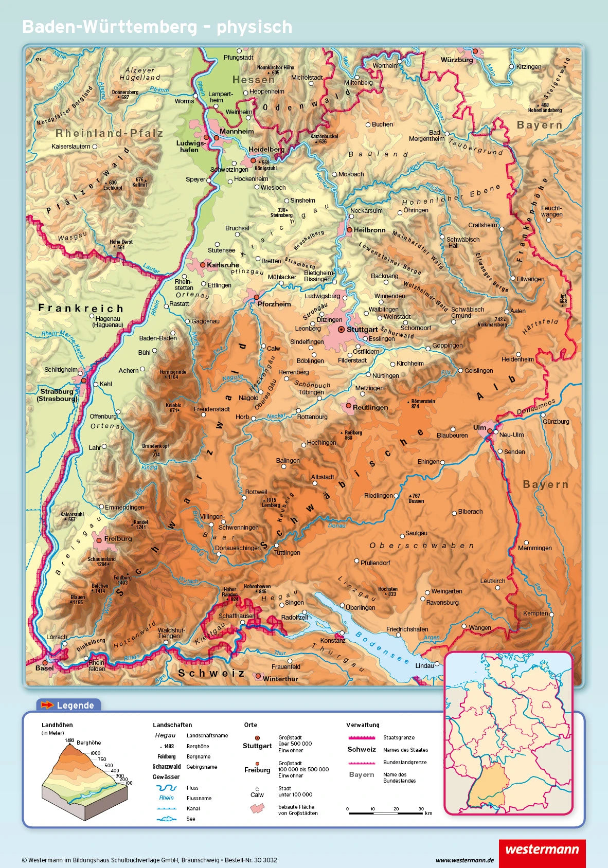 Posterkarte von Baden-Württemberg phyisch
