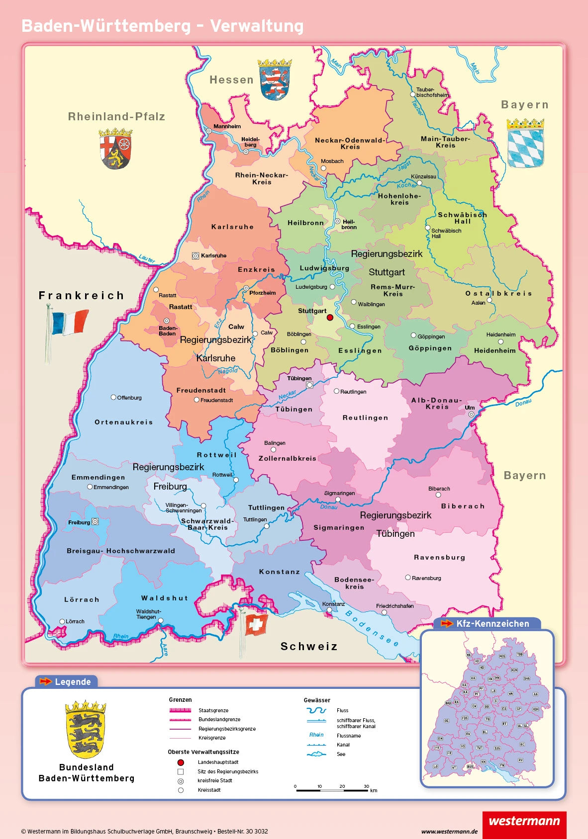 Posterkarte von Baden-Württemberg politisch