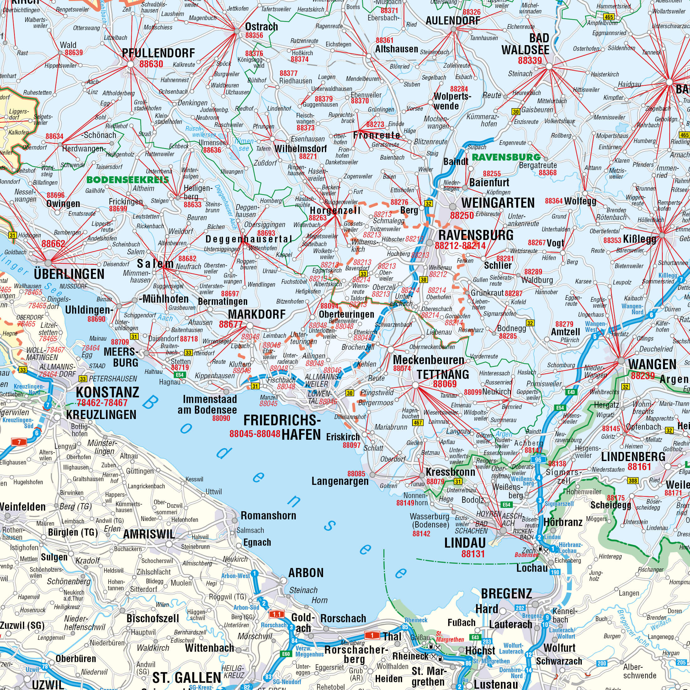 Detailansicht der Postleitzahlenkarte Baden-Württemberg