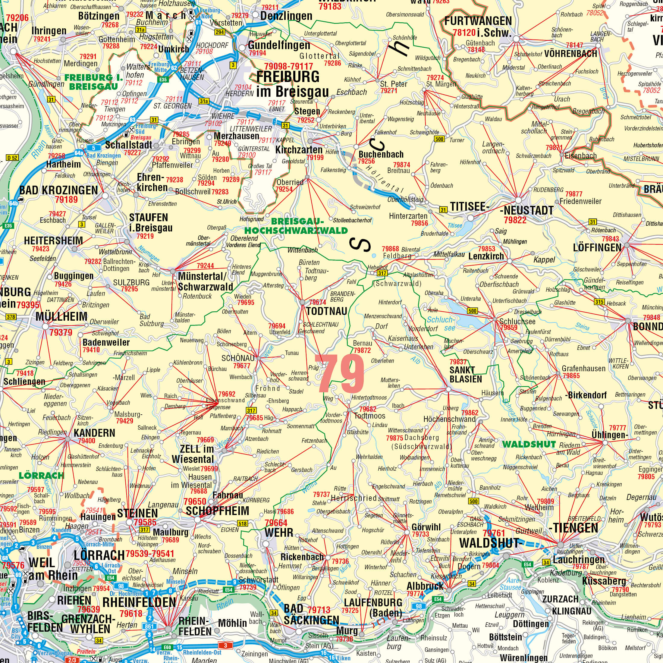Detailansicht der Postleitzahlenkarte Baden-Würrtemberg