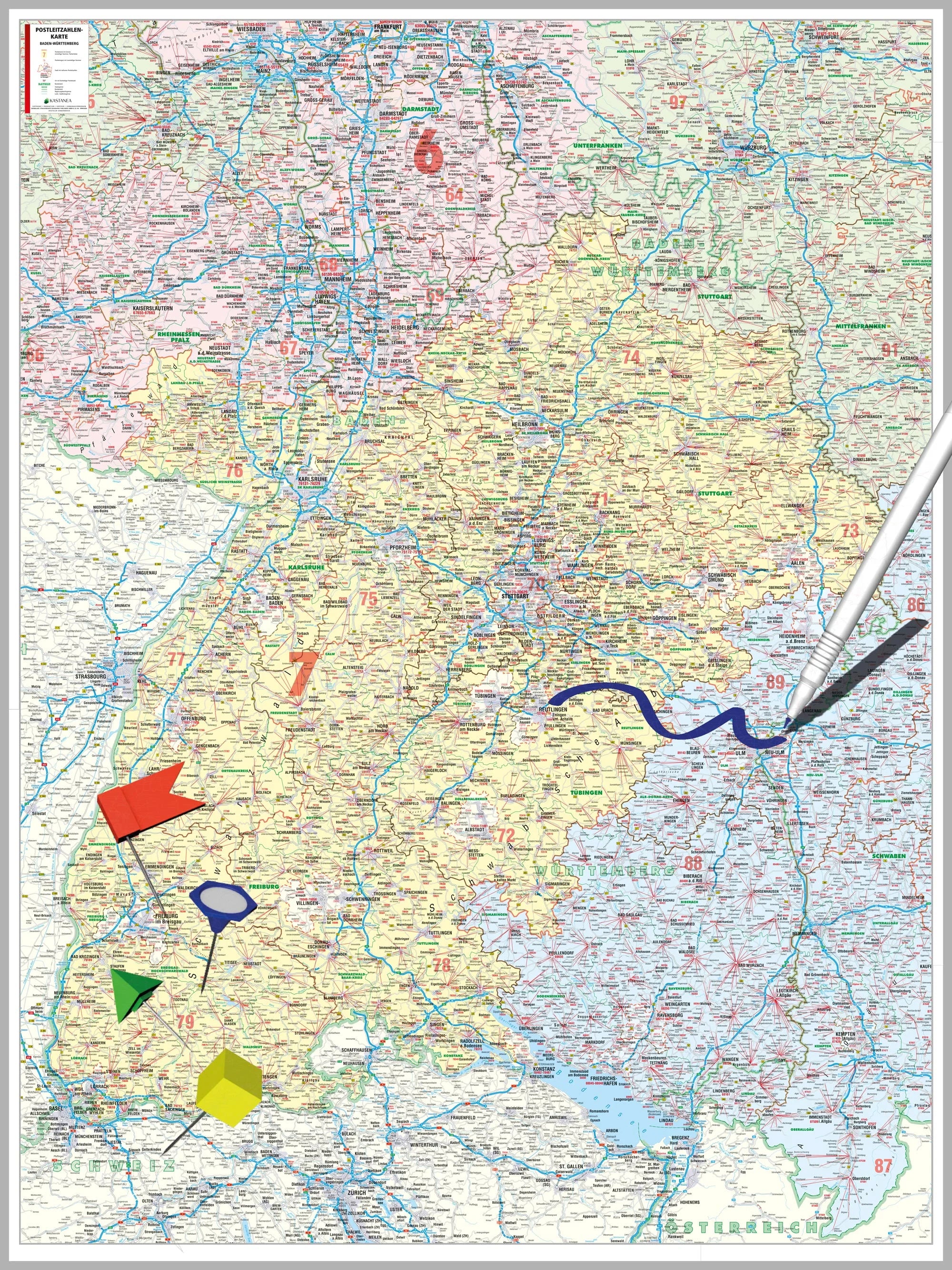 Baden-Württemberg - Postleitzahlenkarte (wählbares Format)