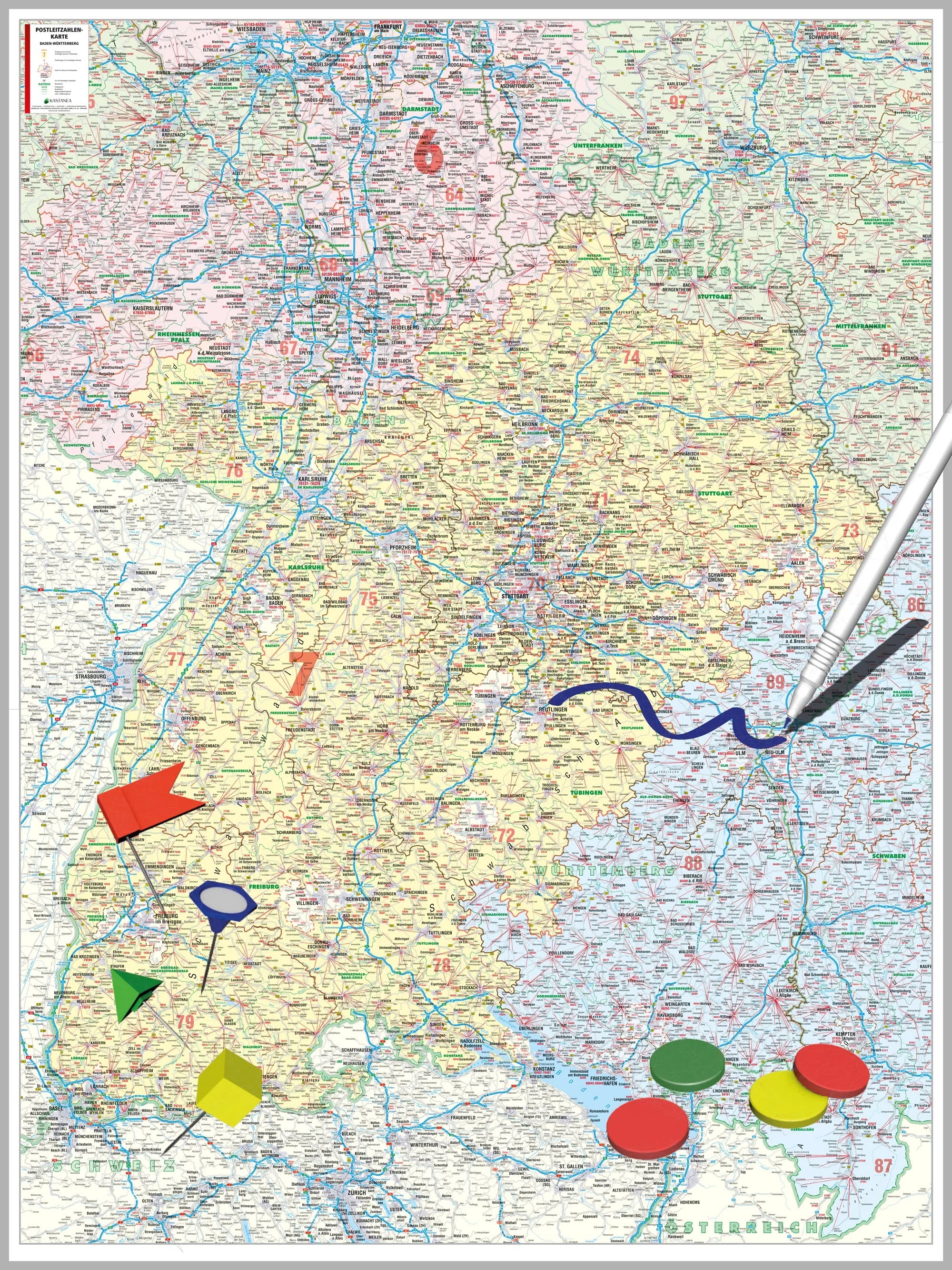 Baden-Württemberg - Postleitzahlenkarte (wählbares Format)