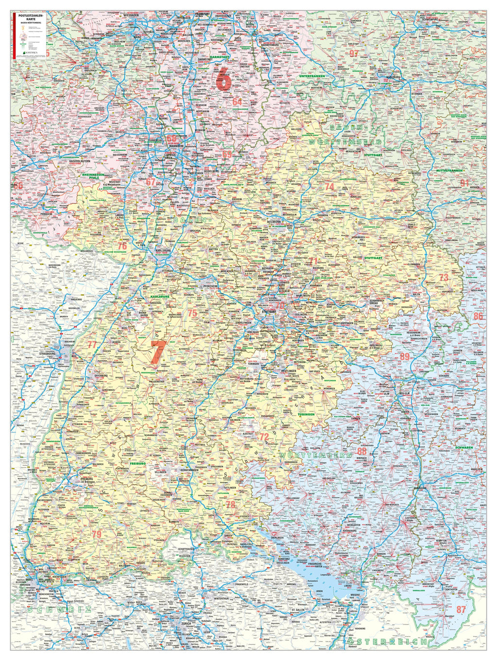 Baden-Württemberg - Postleitzahlenkarte (wählbares Format)