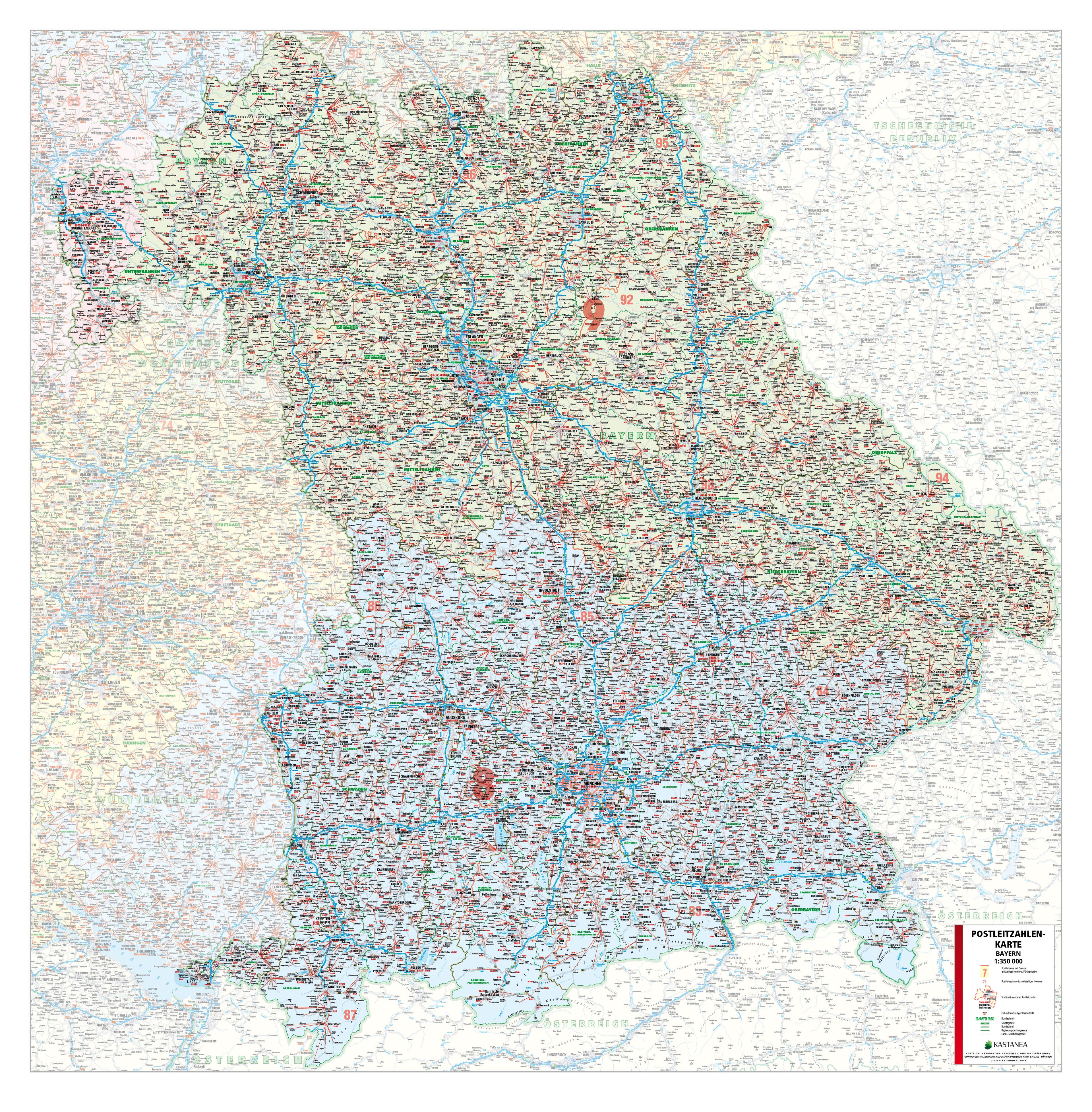 Bayern - Postleitzahlenkarte als Inseldarstellung (110 x 112 cm / 1:350.000)