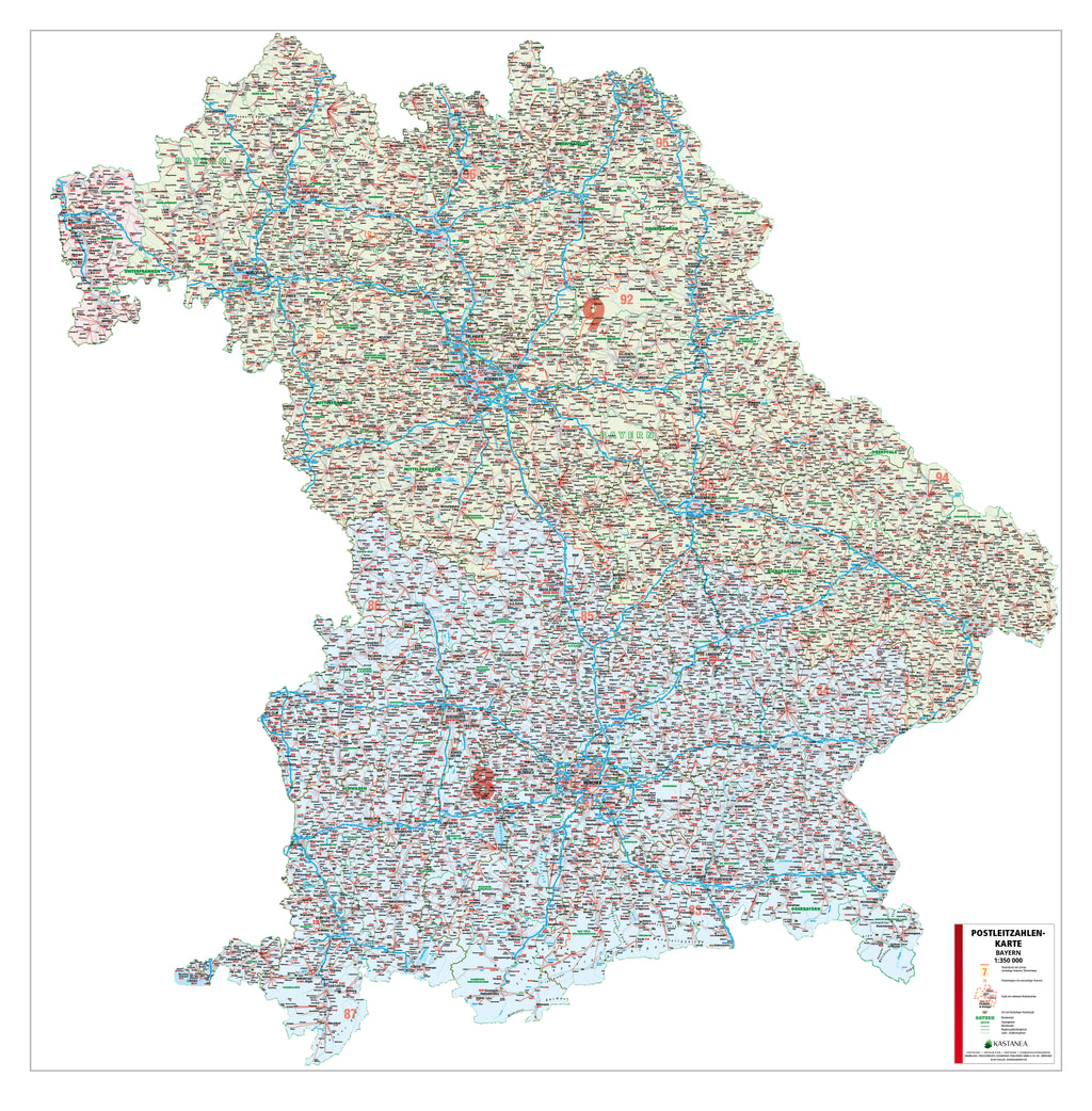 Bayern - Postleitzahlenkarte als Inseldarstellung (110 x 112 cm / 1:350.000)