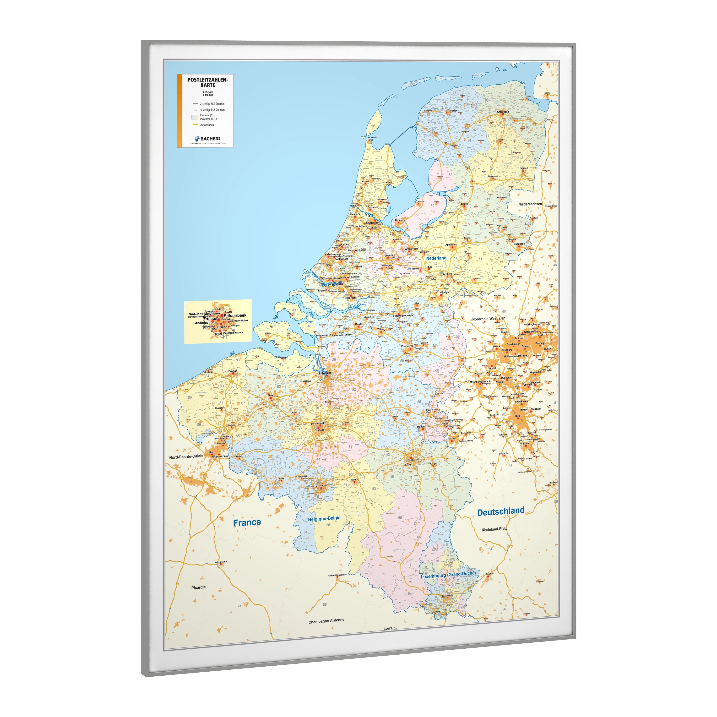 Belgien, Niederlande und Luxemburg - Postleitzahlenkarte (95 x 135 cm / 1:390.000)