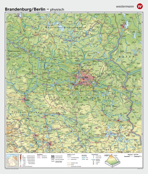 Physisches Kartenbild der Region Brandenburg und Berlin