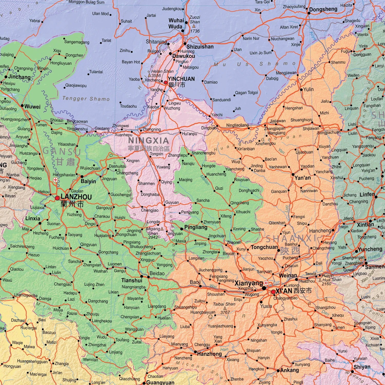 Detailansicht der politischen Landkarte von China