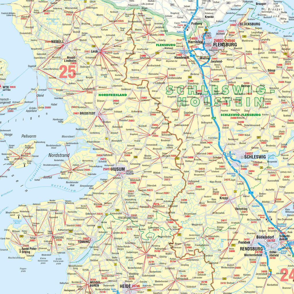 Detailansicht der Postleitzahlenkarte Schleswig-Holstein und Hamburg
