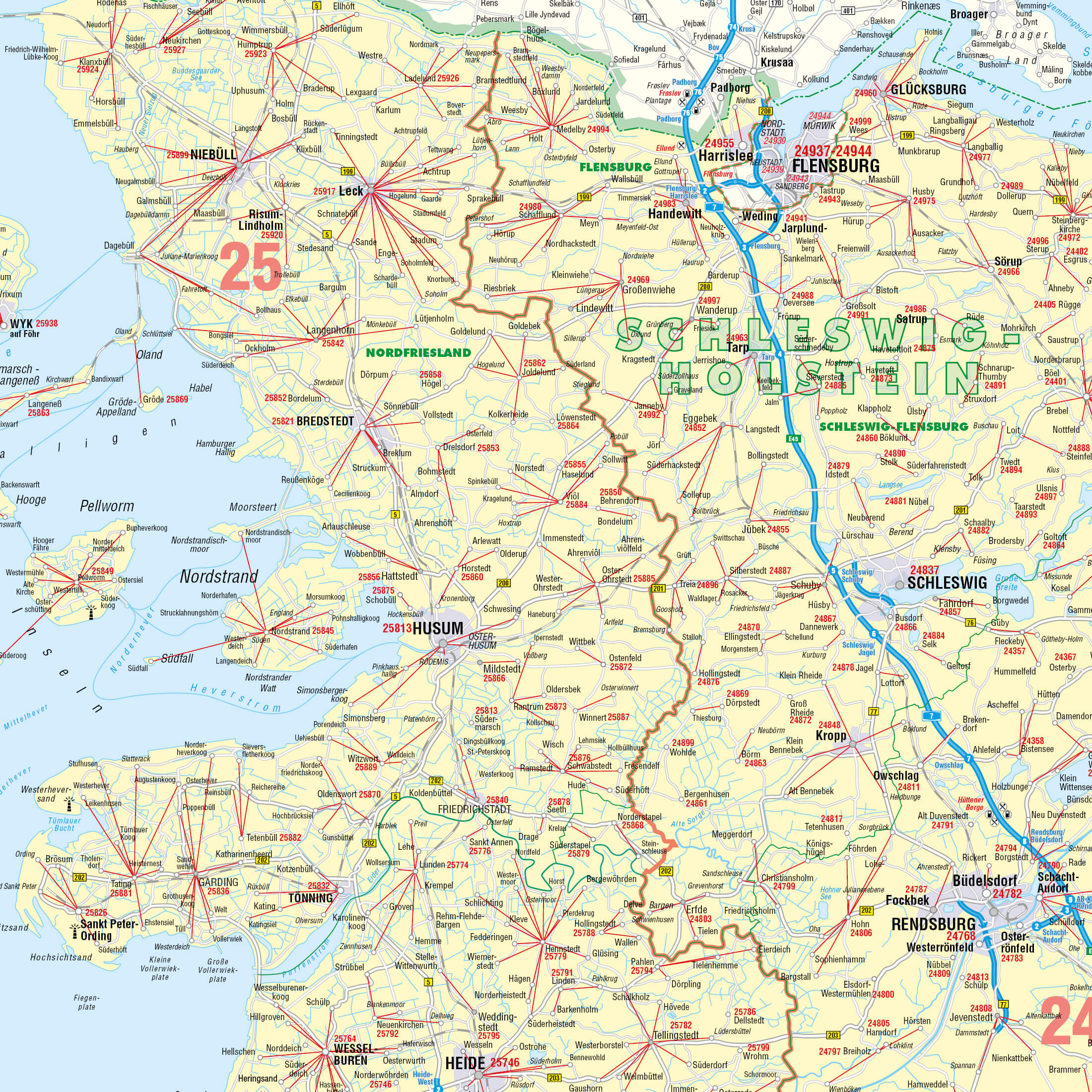 Detailansicht der Postleitzahlenkarte Schleswig-Holstein und Hamburg