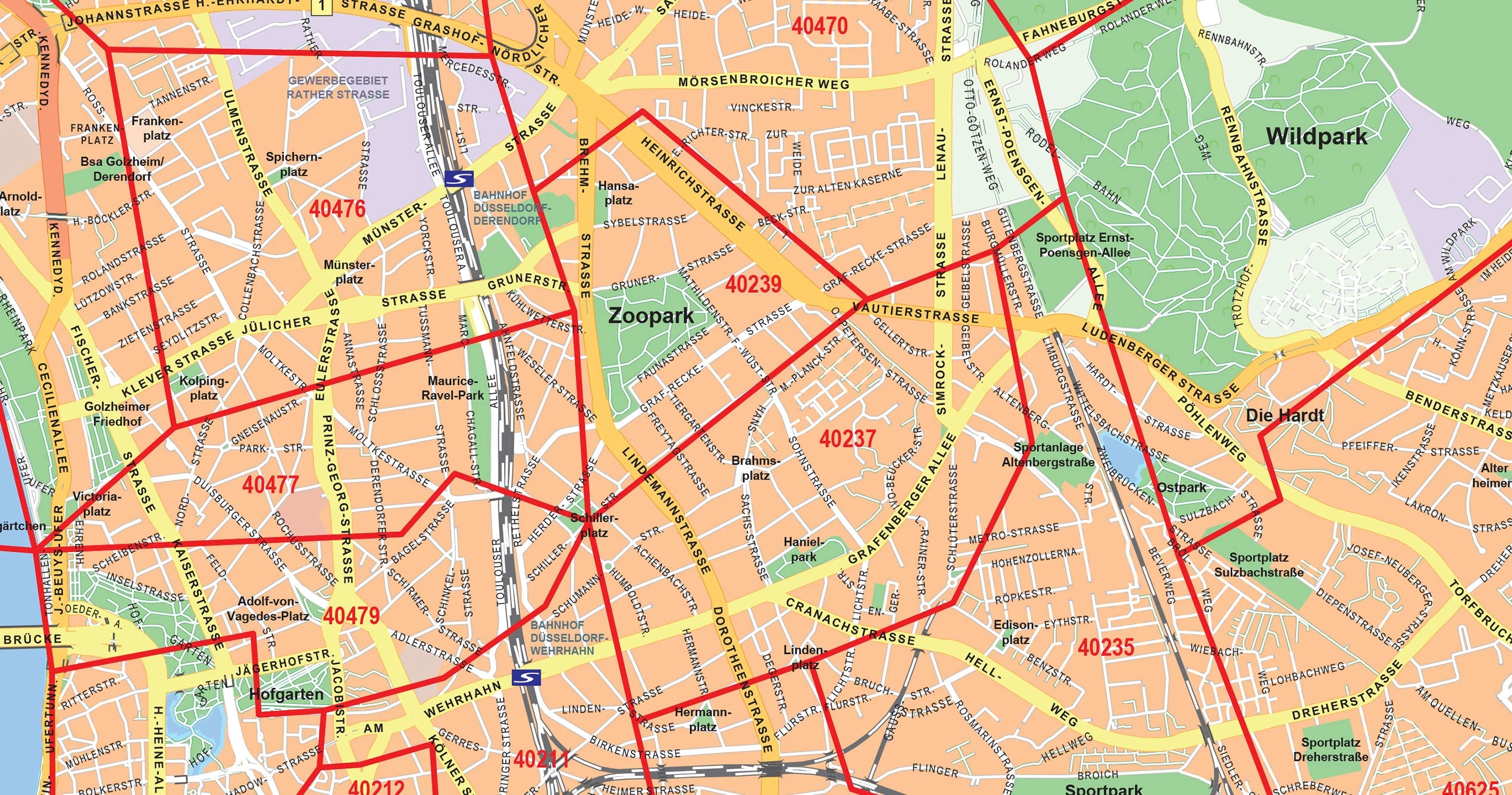 Detailansicht der Postleitzahlenkarte Düsseldorf