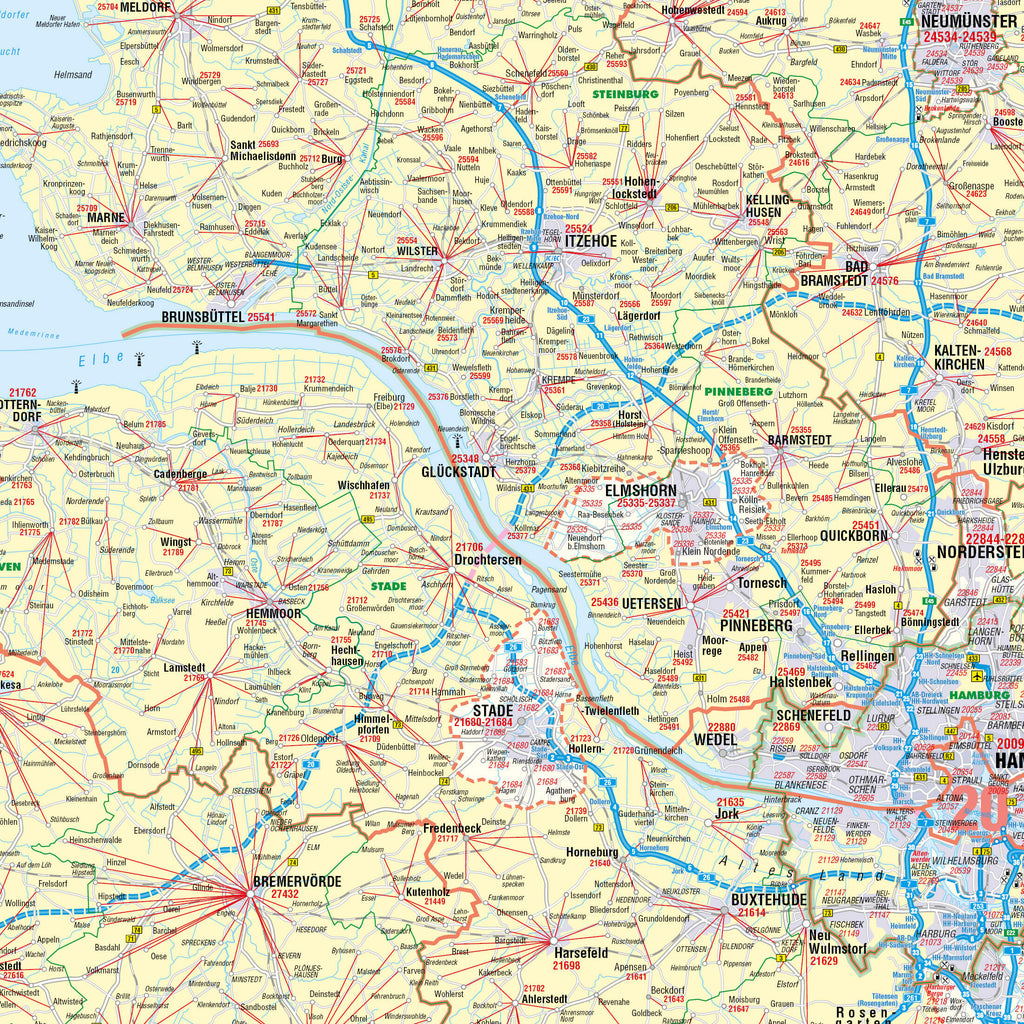 Detailansicht der Postleitzahlenkarte Schleswig-Holstein und Hamburg