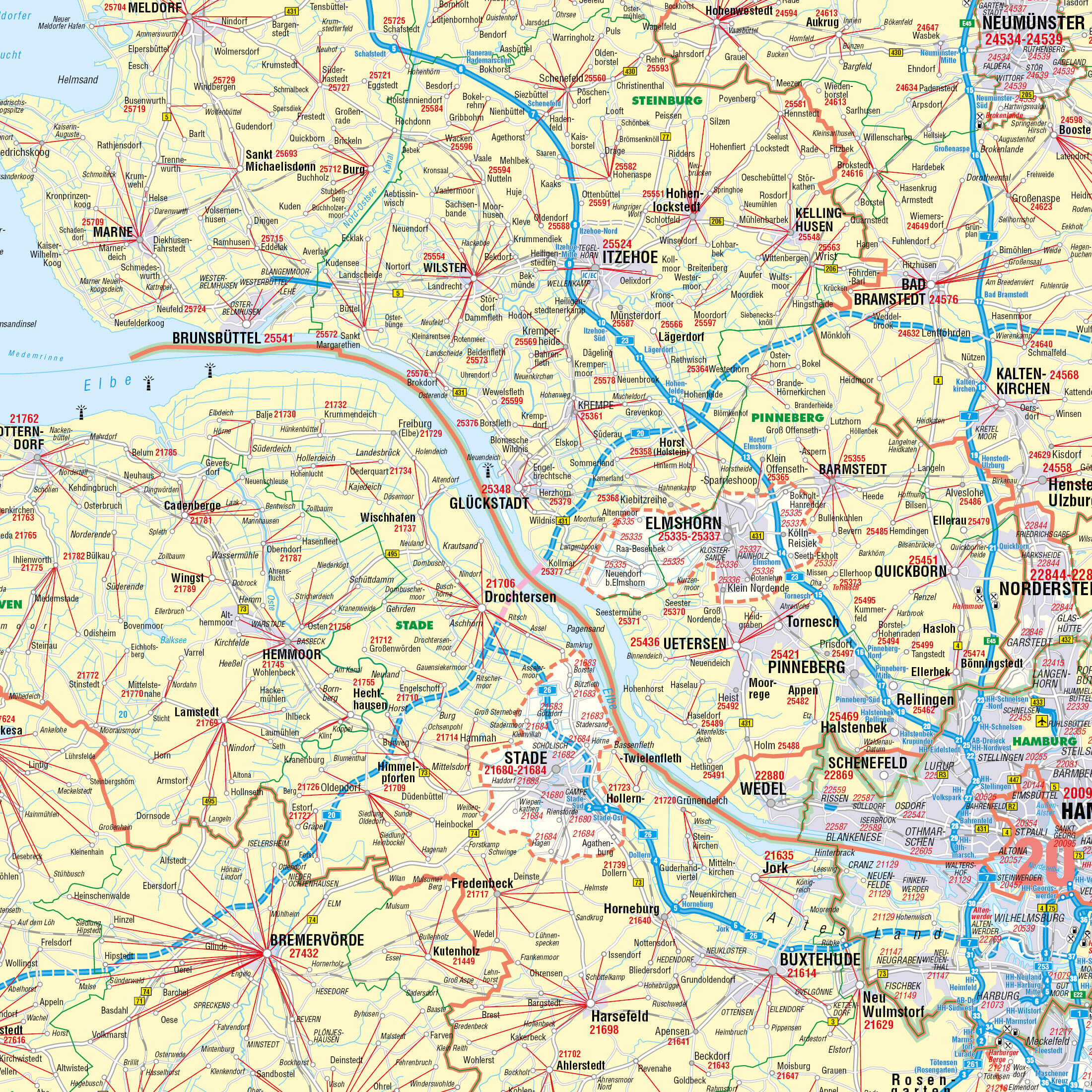Detailansicht der Postleitzahlenkarte Schleswig-Holstein und Hamburg