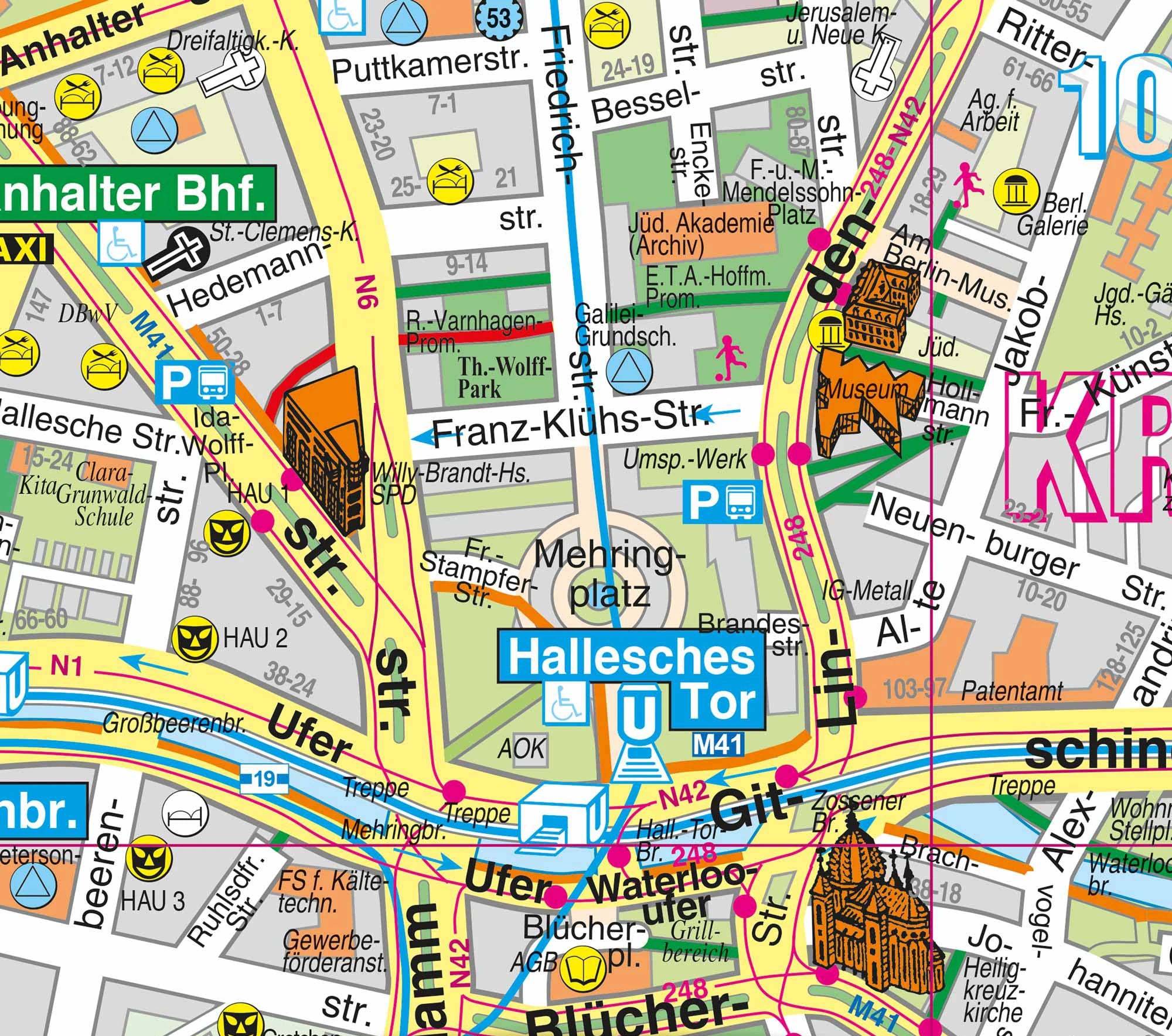 Detailansicht des Bezirks Friedrichshain-Kreuzberg als Stadplan