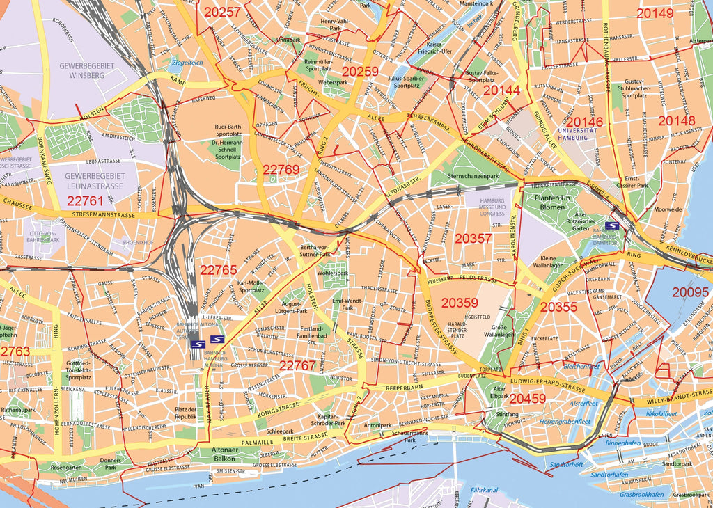 Detailansicht der Postleitzahlenkarte von Hamburg
