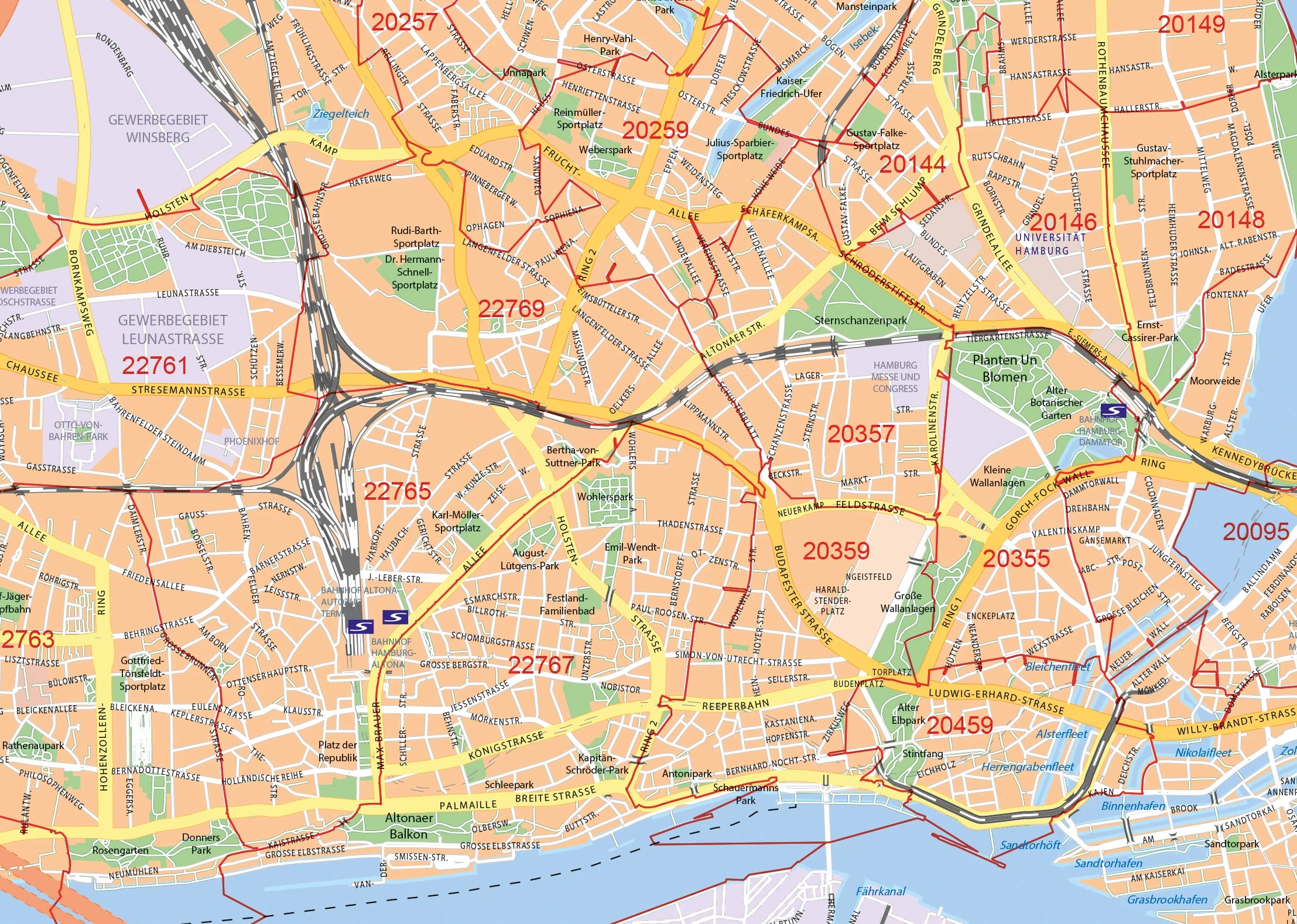 Detailansicht der Postleitzahlenkarte von Hamburg