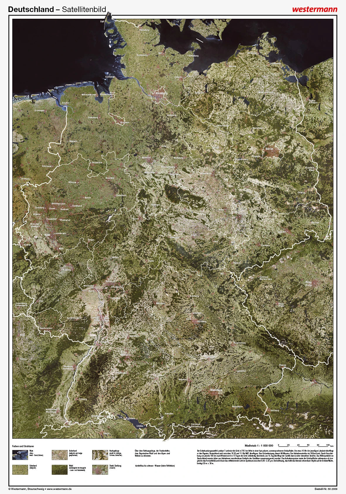 Deutschland - Posterkarte - Satellitenbild (70 x 100 cm / 1:1.000.000)