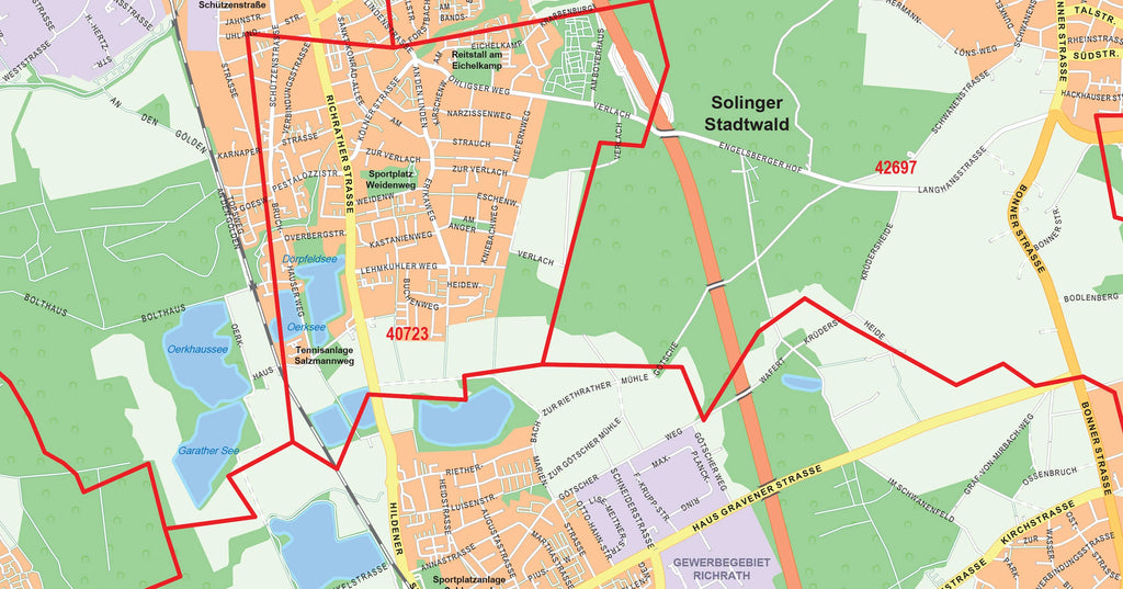 Postleitzahlenkarte von Düsseldorf im Detail