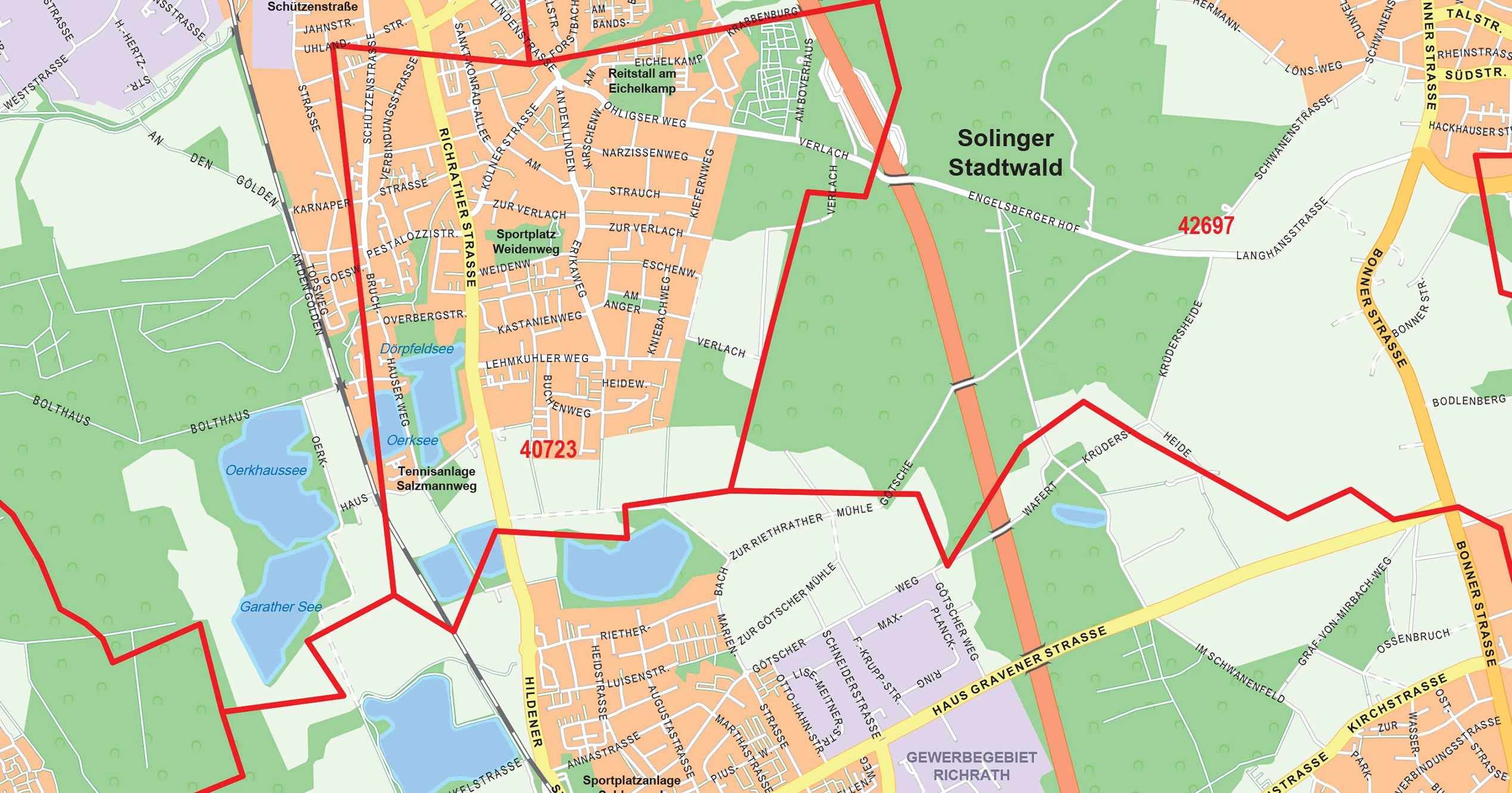Postleitzahlenkarte von Düsseldorf im Detail