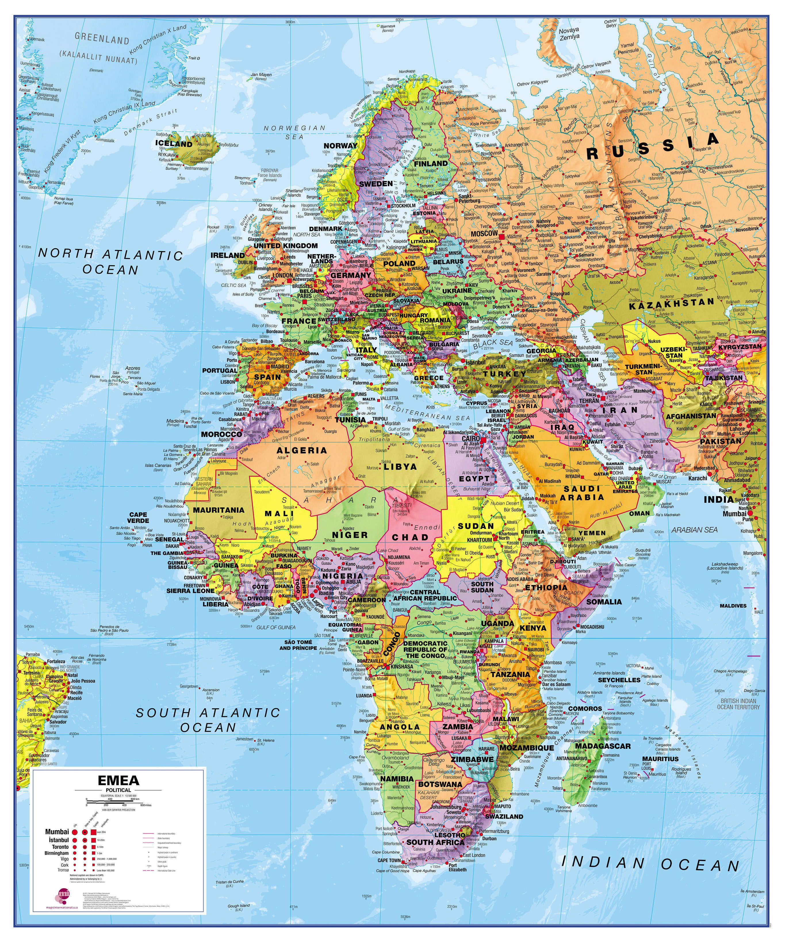 EMEA - Europa, Afrika, Mittlerer Osten - politisch (100 x 120 cm / 1:13.500.000)