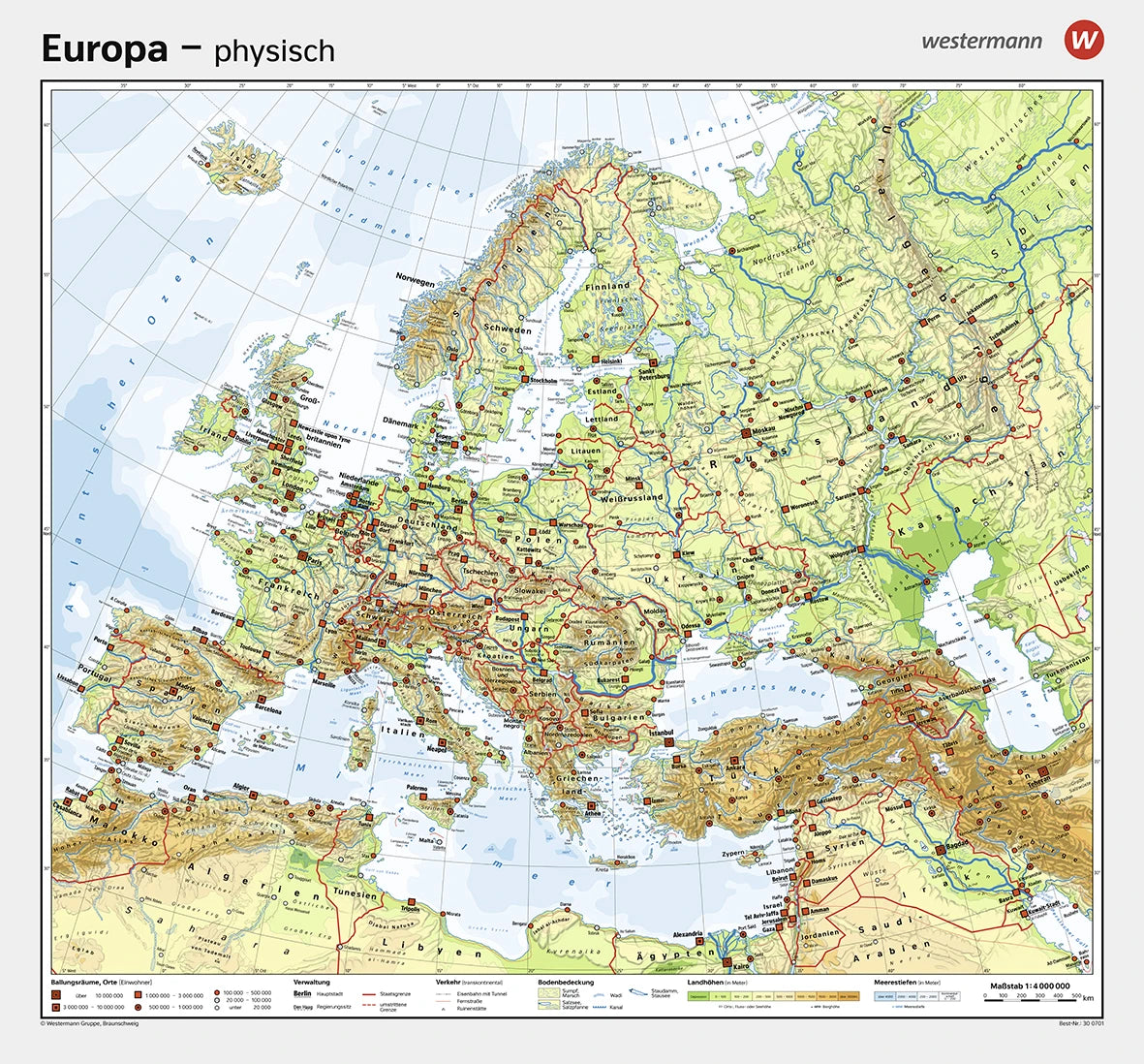 Europa als physische Landkarte für Schulen