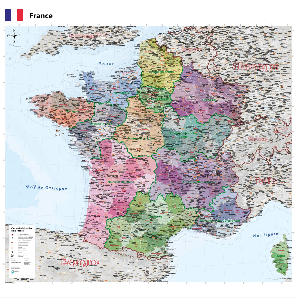 Frankreich - politisch / administrativ (100 x 100 cm / 1:1.300.000)