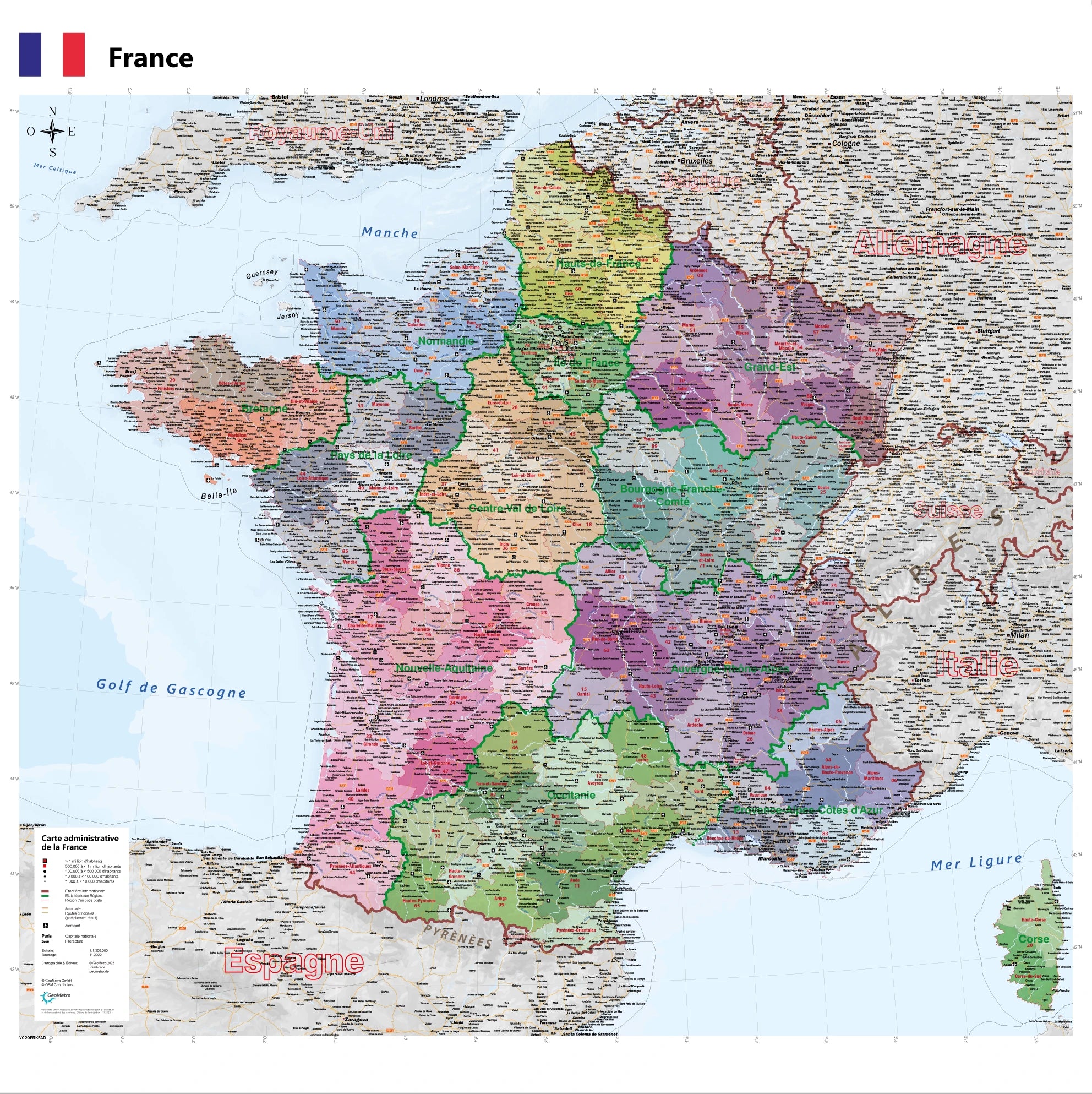 Frankreich - politisch / administrativ (100 x 100 cm / 1:1.300.000)
