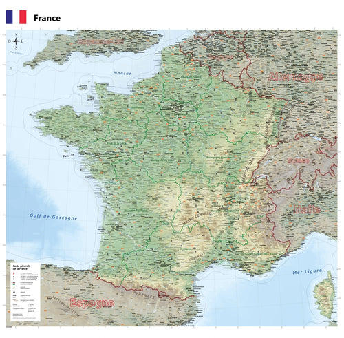 Frankreich - physisch / politisch (100 x 100 cm / 1:1.300.000)
