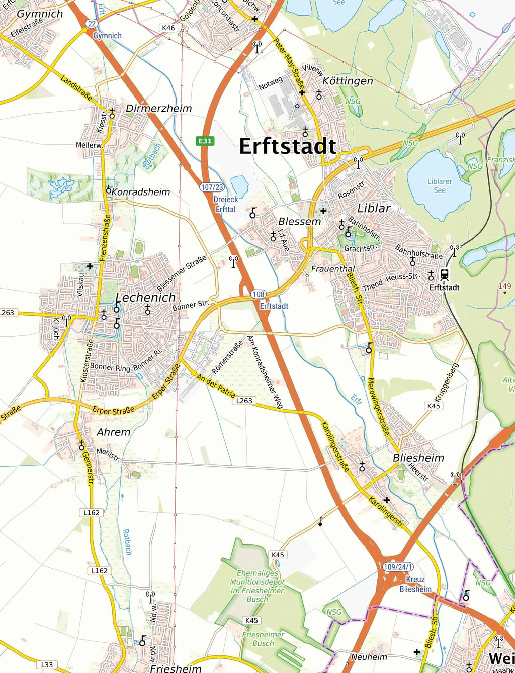 Detailansicht der Landkarte der Gemeinde Erftstadt.