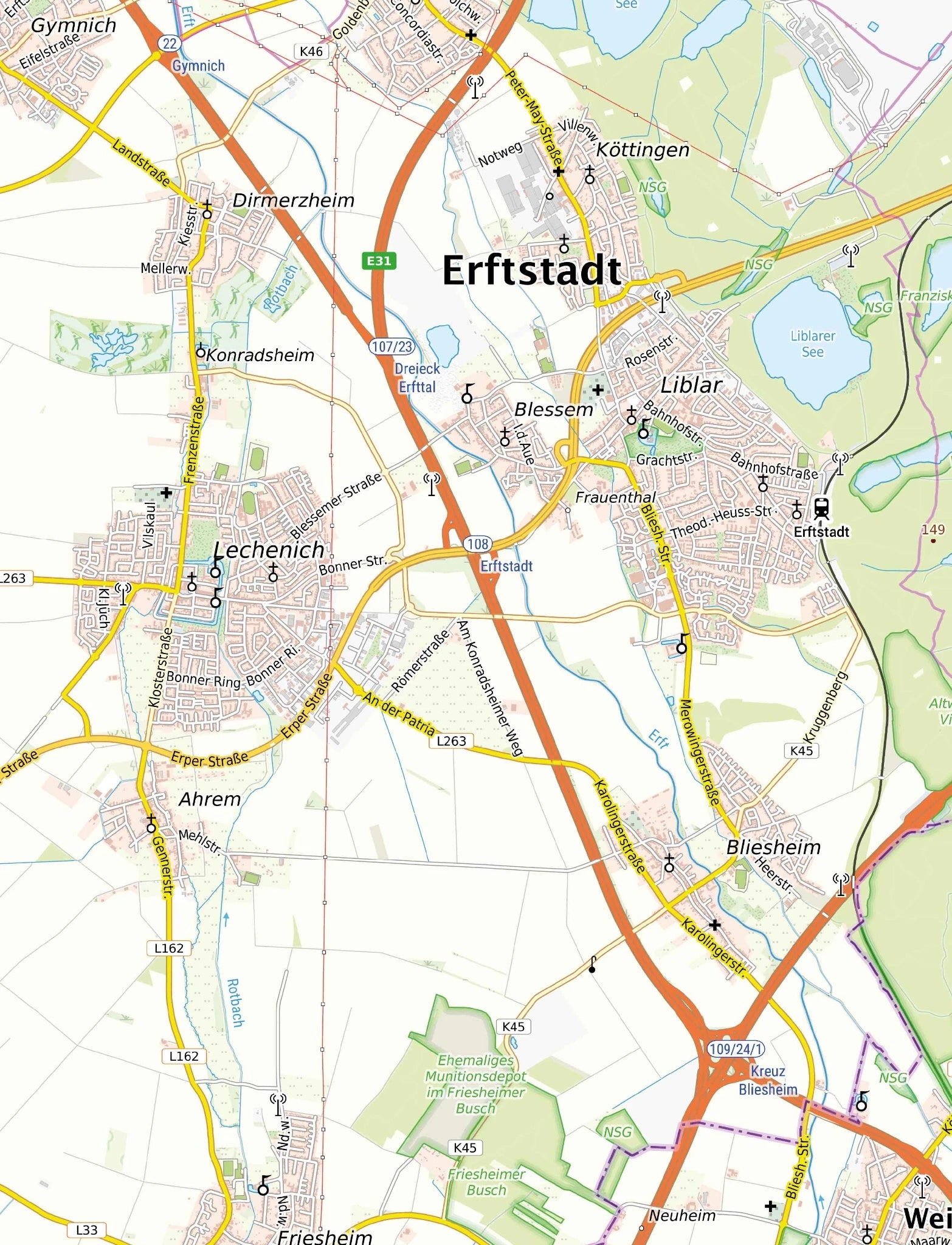 Detailansicht der Landkarte der Gemeinde Erftstadt.