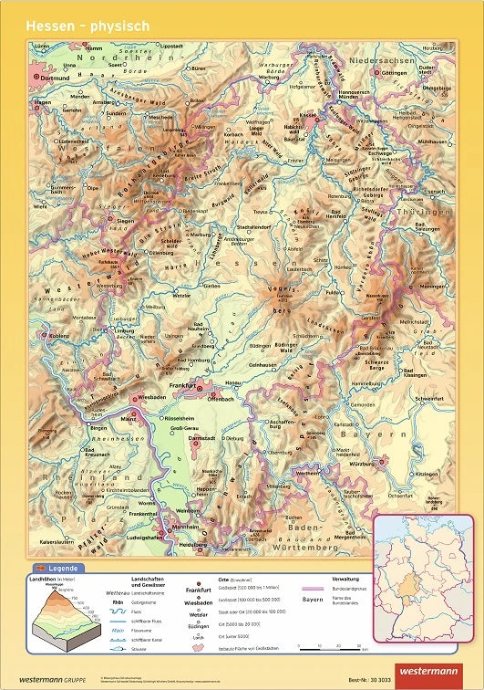 Schulwandkarte von Hessen mit einem phyischen Kartenbild
