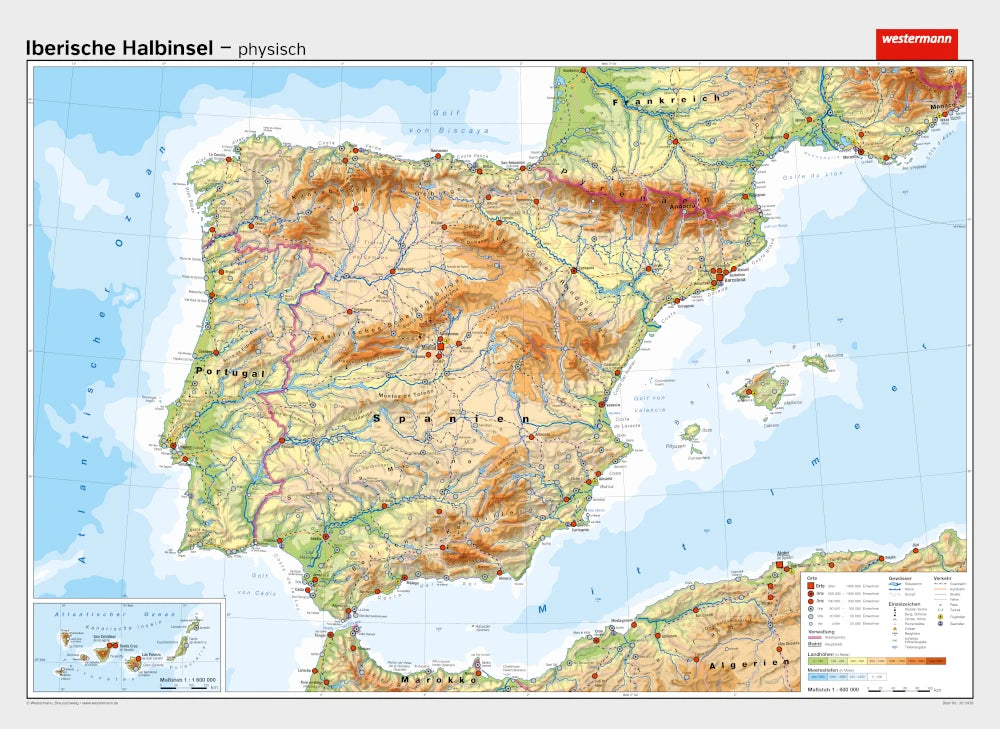 Iberische Halbinsel - Schulwandkarte - physisch / politisch (202 x 147cm / 1:800.000)