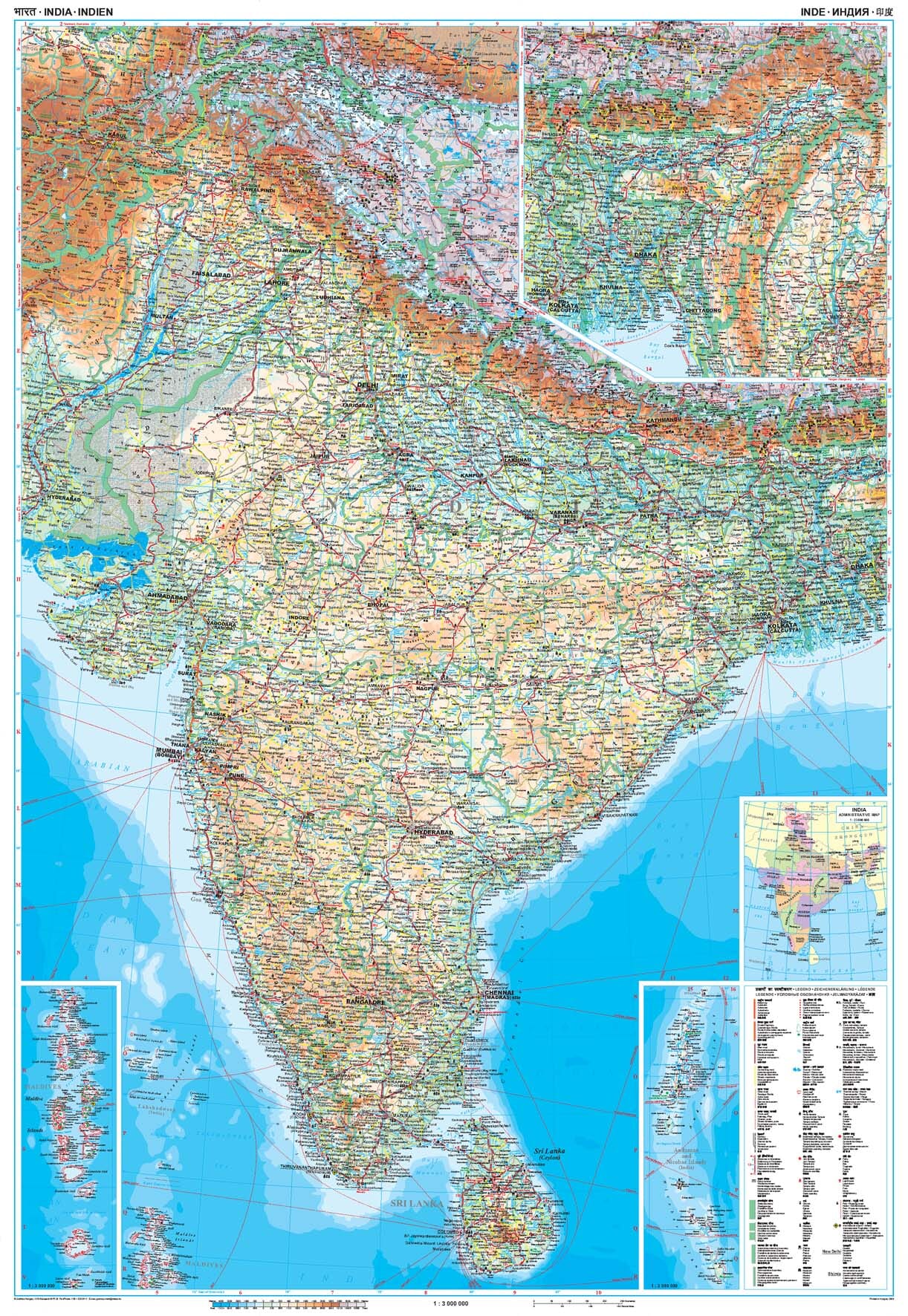 Indien - physisch (86 x 125 cm / 1:3.000.000)