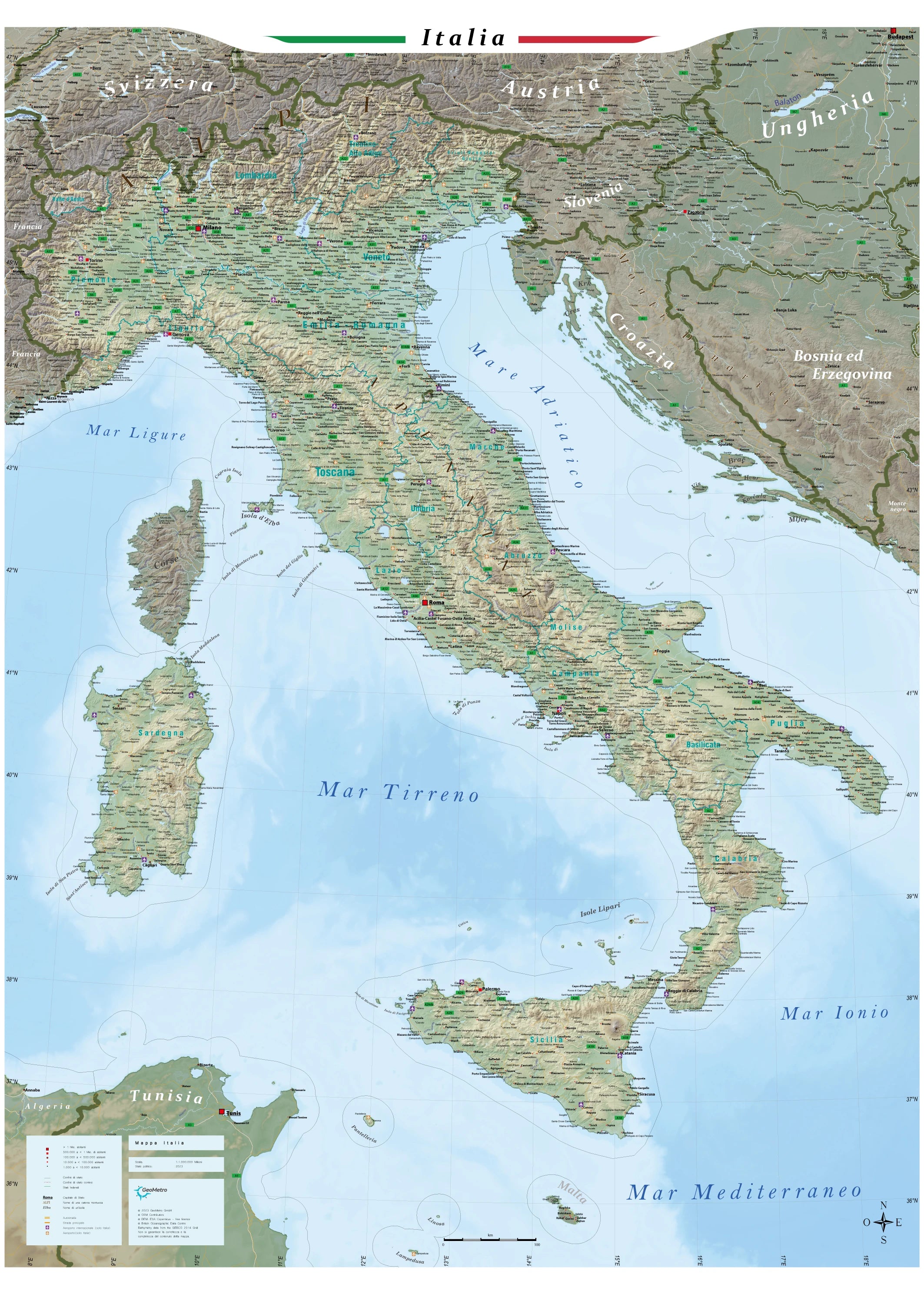Italien - physisch / politisch (140 x 100 cm / 1:1.000.000)