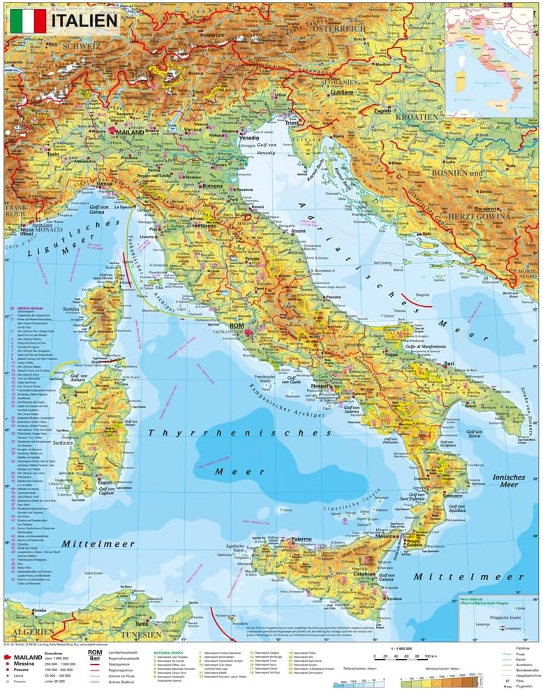 Italien - physisch (67 x 86 cm / 1:1.600.000)