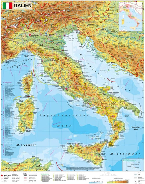 Italien - physisch (67 x 86 cm / 1:1.600.000)
