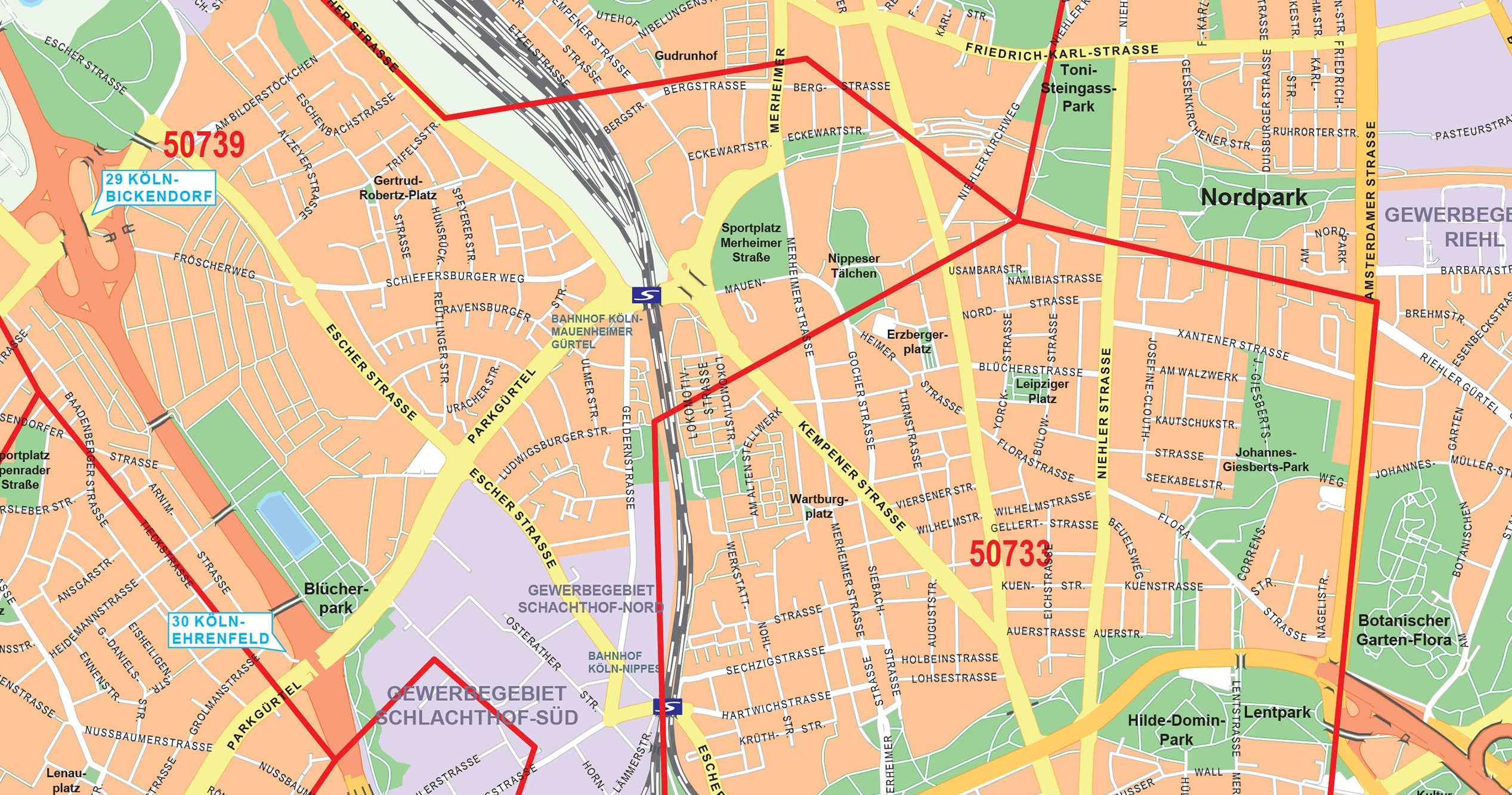 Detailansicht des Stadtplans von Köln mit Postleitzahlen
