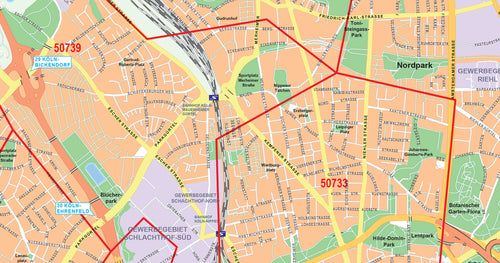 Detailansicht des Stadtplans von Köln mit Postleitzahlen