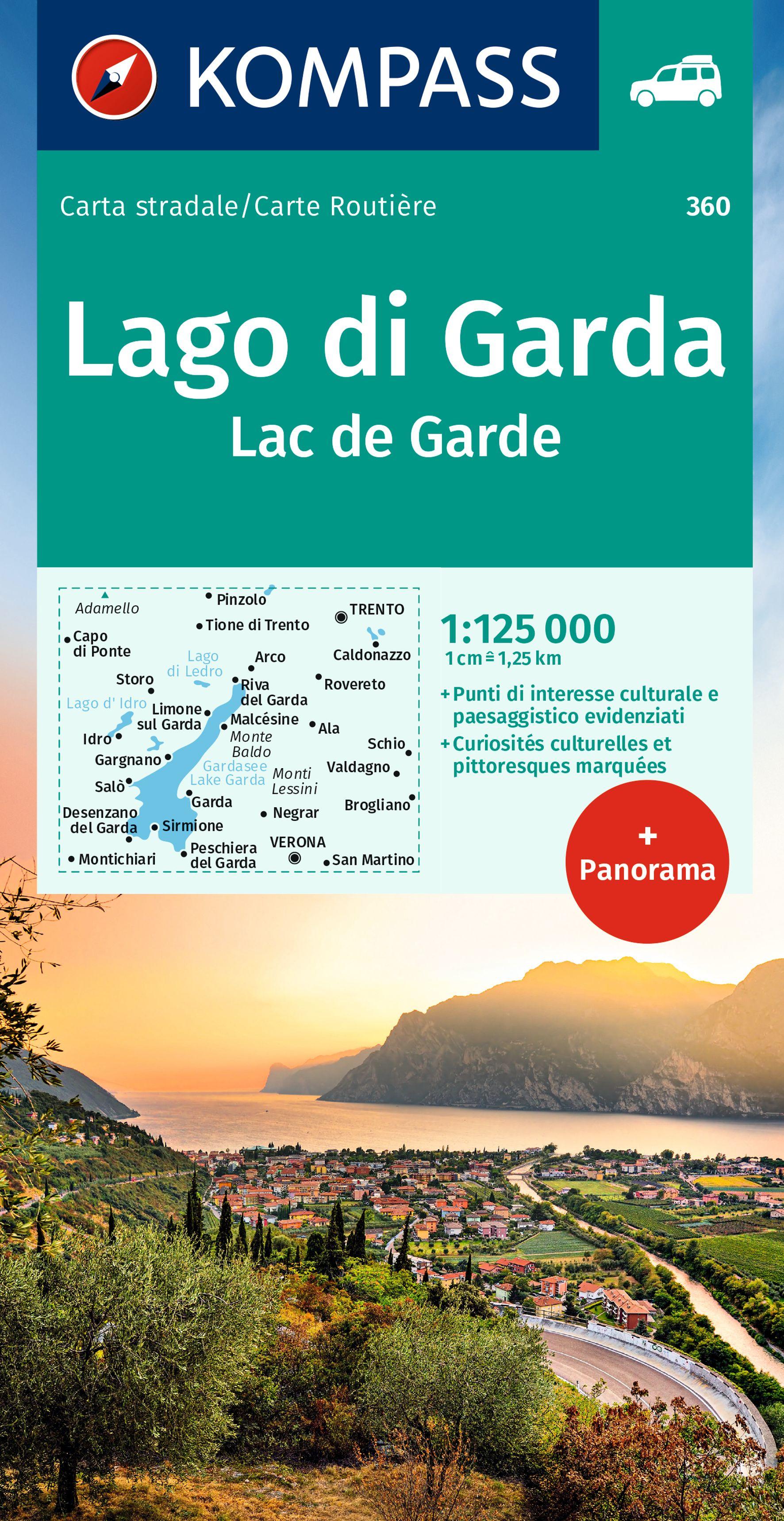 Gardasee - Lago di Garda - Autokarte mit Panoramakarte (1:125.000 / Nr. 360)