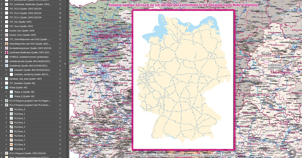 Zweifarbiger Landesumriss Deutschlands mit Einzeichnung der einzelnen Bundesländer.