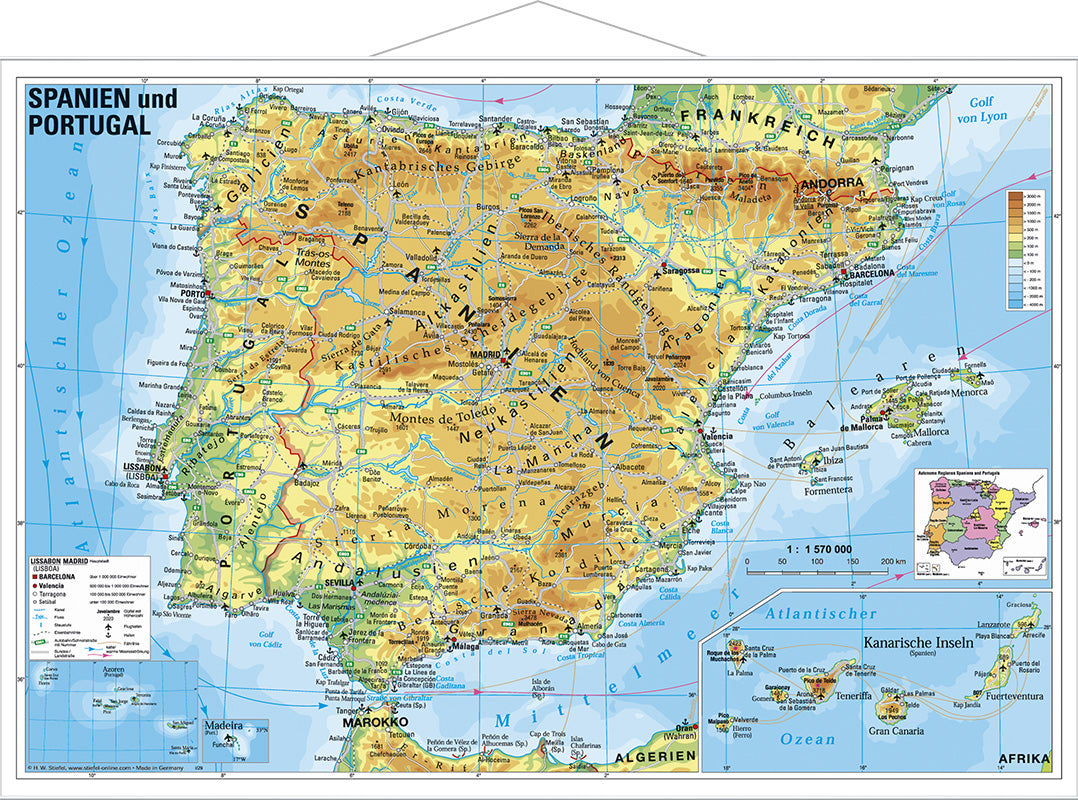 Physische Landkarte - Spanien / Portugal (95 x 65 cm / 1:1.570.000)