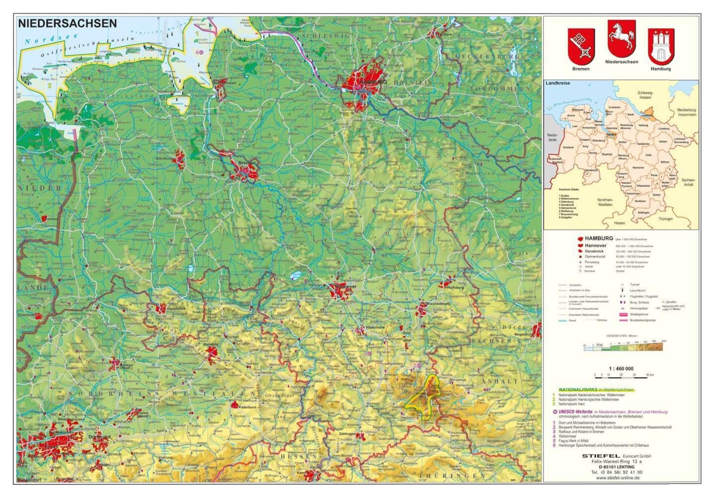 Physische Landkarte - Niedersachsen (98 x 68 cm / 1:460.000)