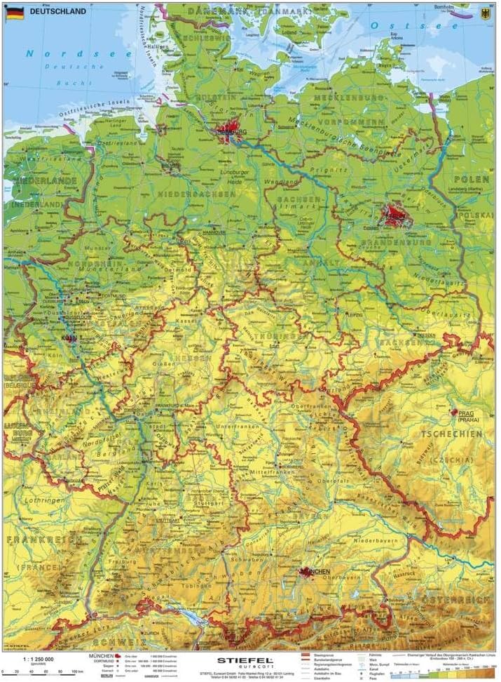 Physische Landkarte - Deutschland (67 x 91 cm / 1:1.250.000)