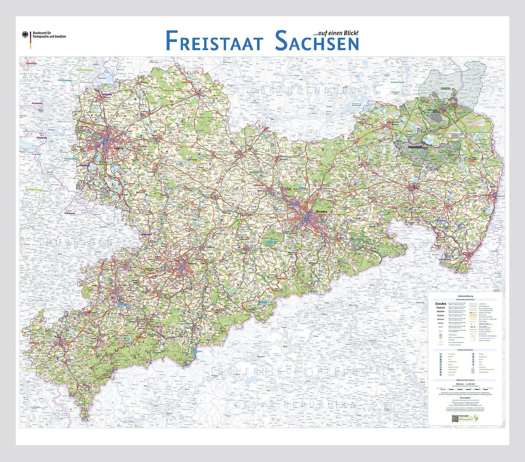 Topografische Landkarte - Sachsen (115 x 96 cm / 1:200.000)